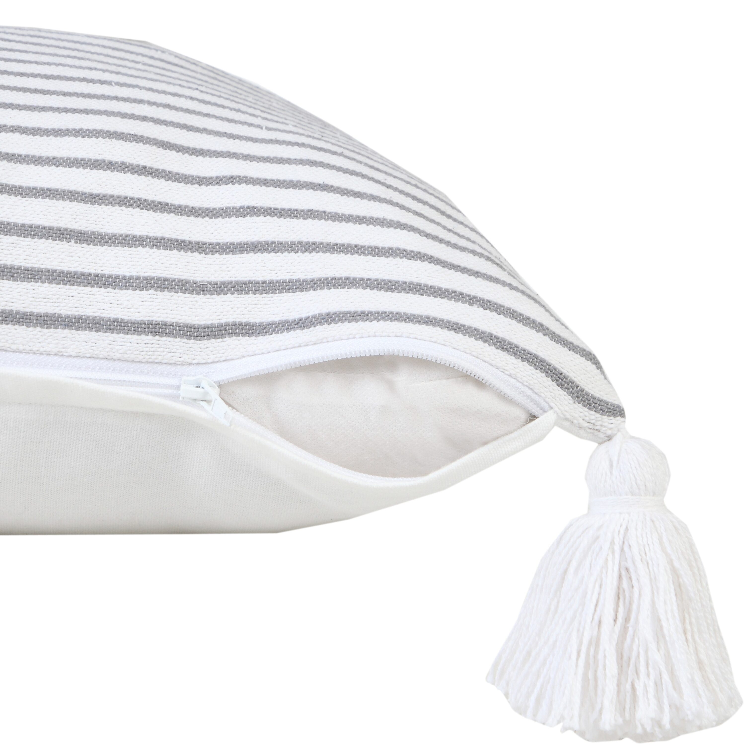 Gray and White Striped Cotton Square Throw Pillow with Tassels