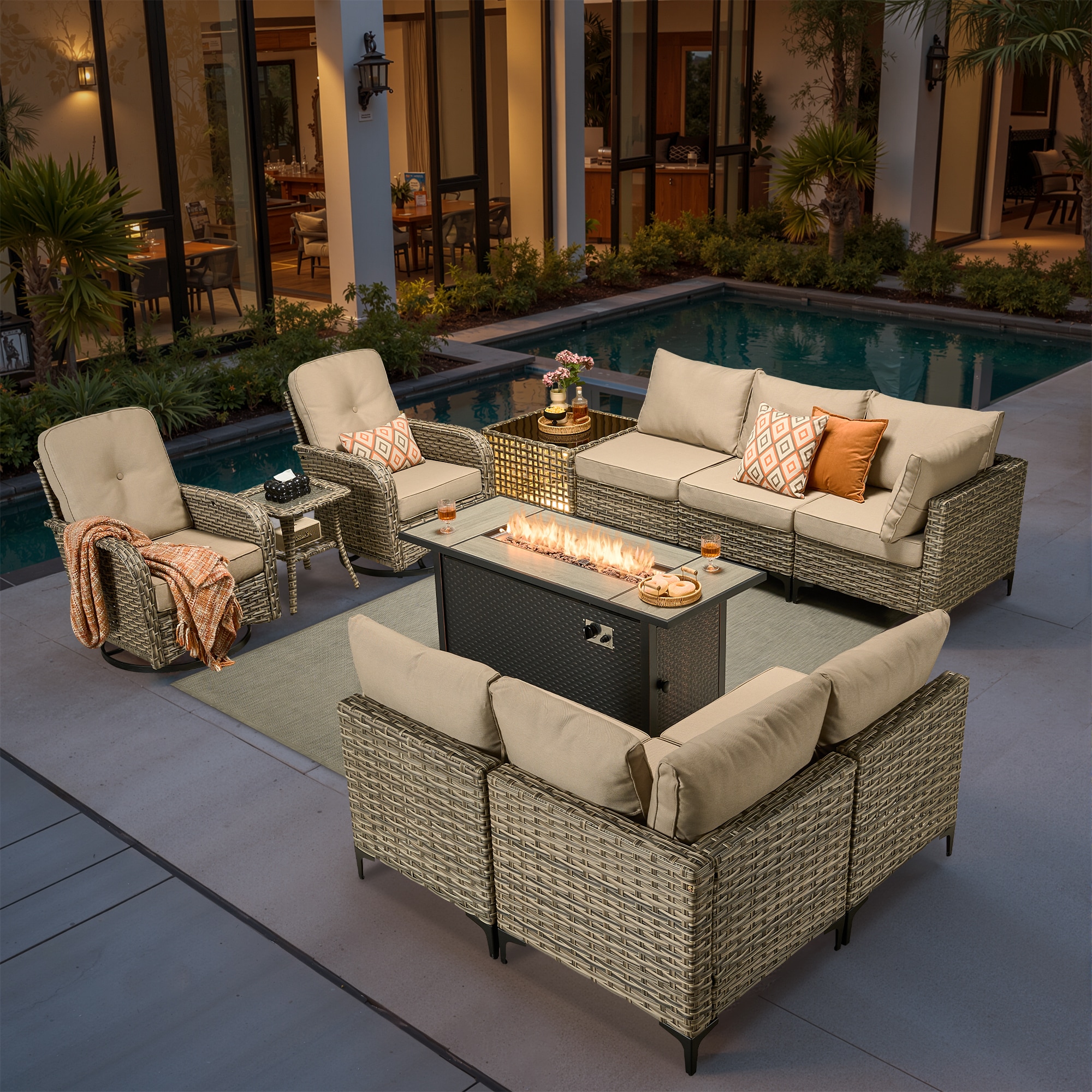 Pouuin SRFPYZSKT60 Wicker Outdoor Sectional with Beige Cushions and Steel Frame