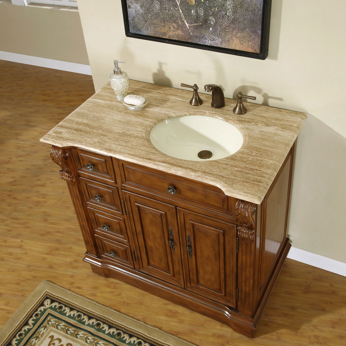 38-in Walnut Undermount Single Sink Bathroom Vanity with Travertine Top in Brown | - Silkroad Exclusive HYP-0904-T-UIC-38-R