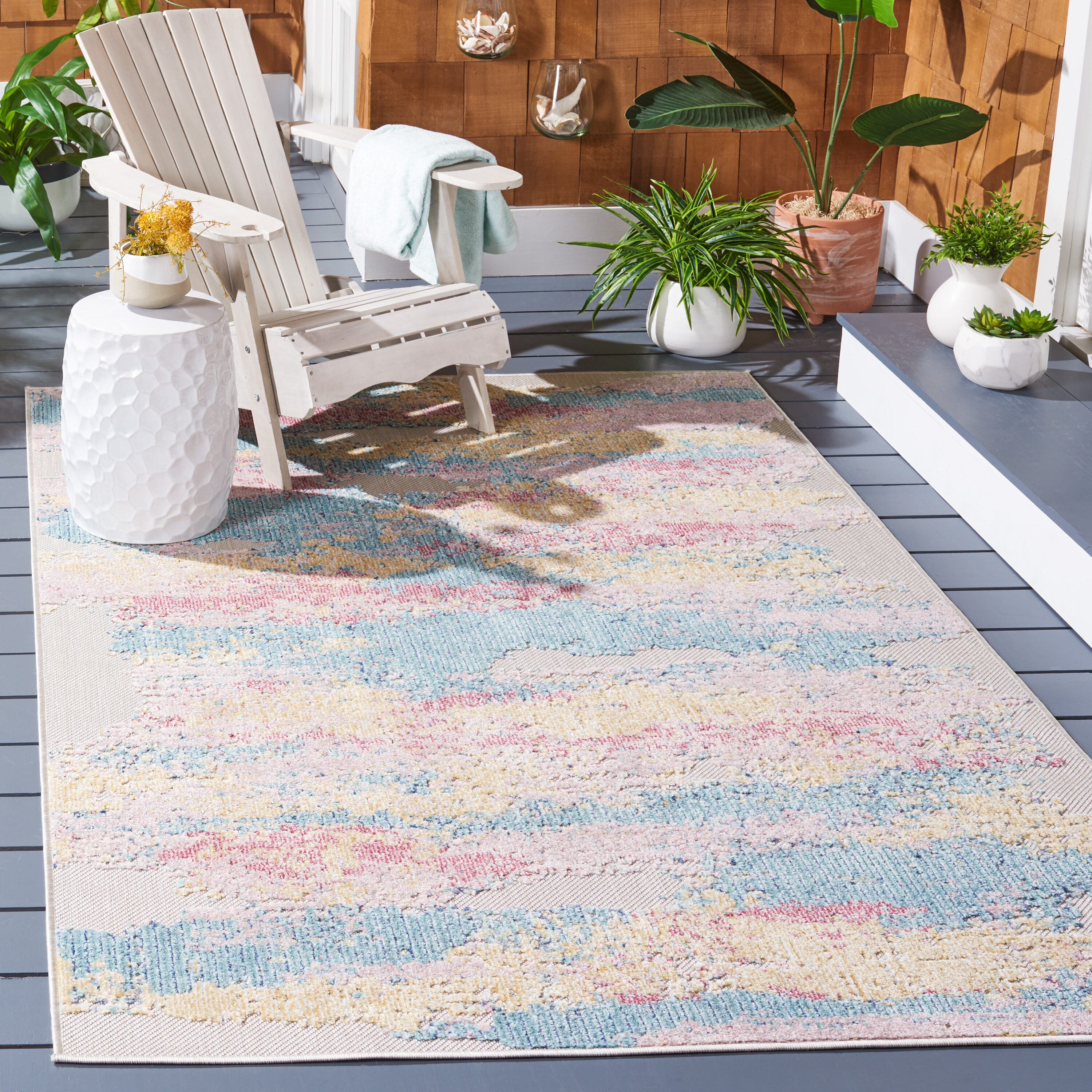 Aqua and Pink Geometric Synthetic Indoor/Outdoor Area Rug
