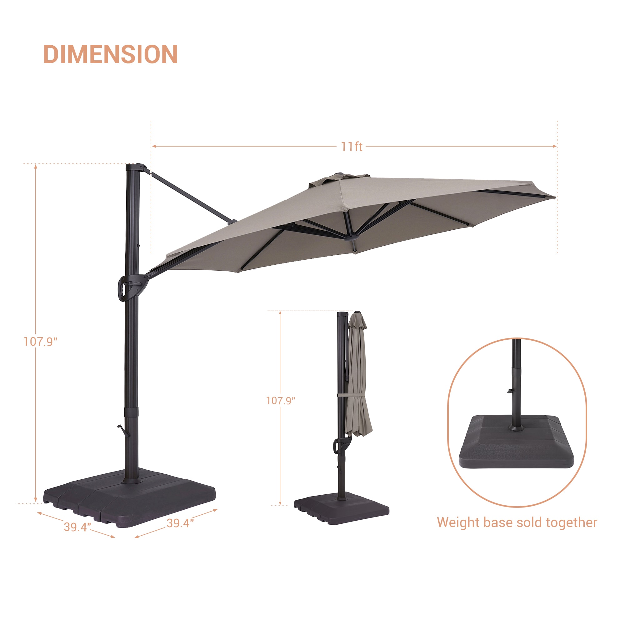 ACEGOSES 11-ft Aluminum Gray No-tilt Cantilever Patio Umbrella with ...