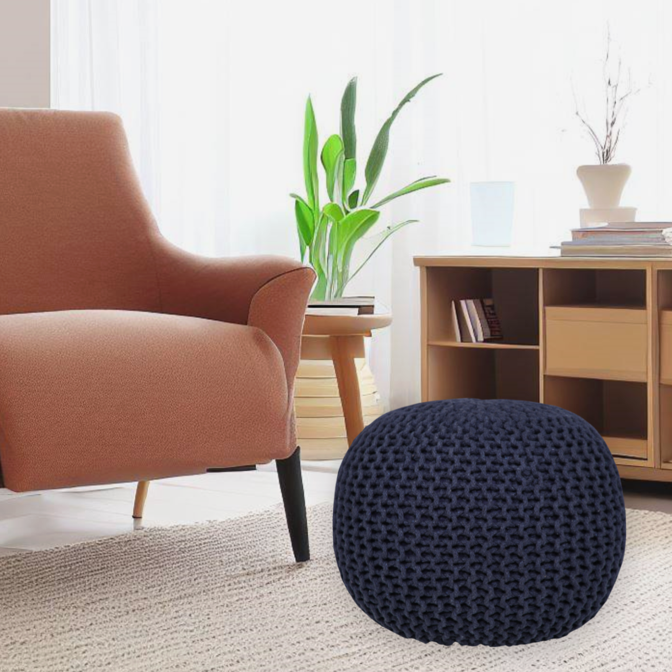 AANNY Designs Lychee Modern Navy Blue Pouf Ottoman in the Ottomans & Poufs  department at