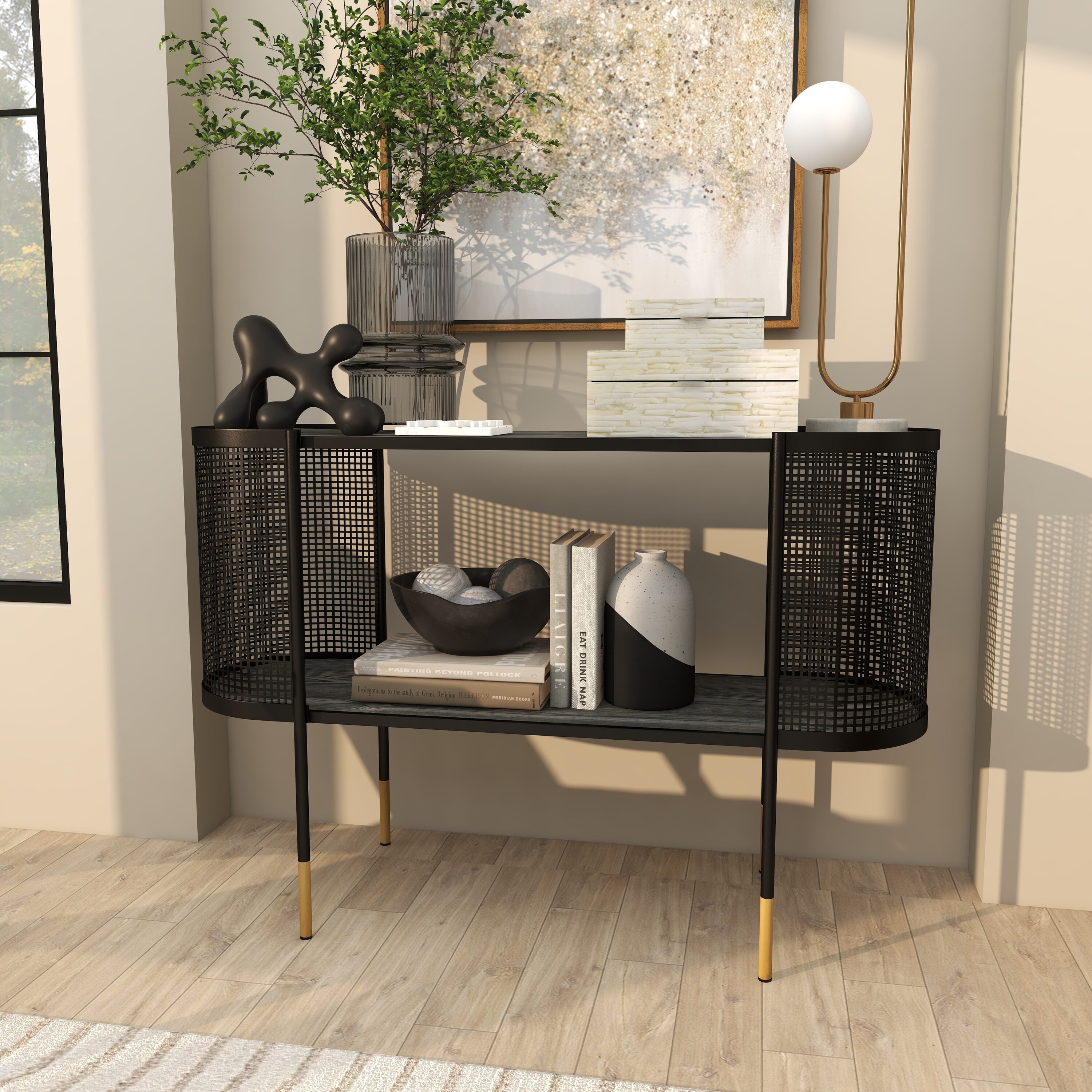 Elegant Black Metal Console Table with Storage Shelf