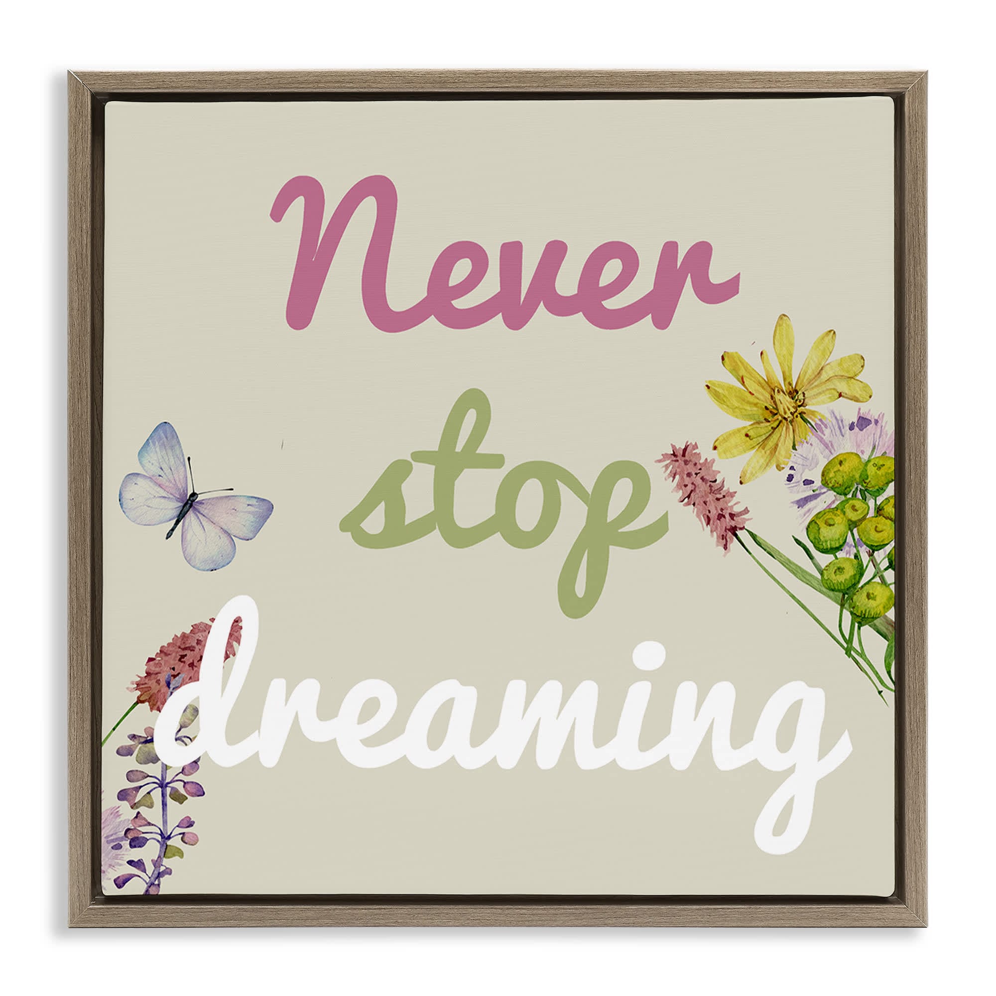 Stupell Industries BS-434-FFE-24X24 Never Stop Dreaming with Florals Floating Frame design by Kim Allen