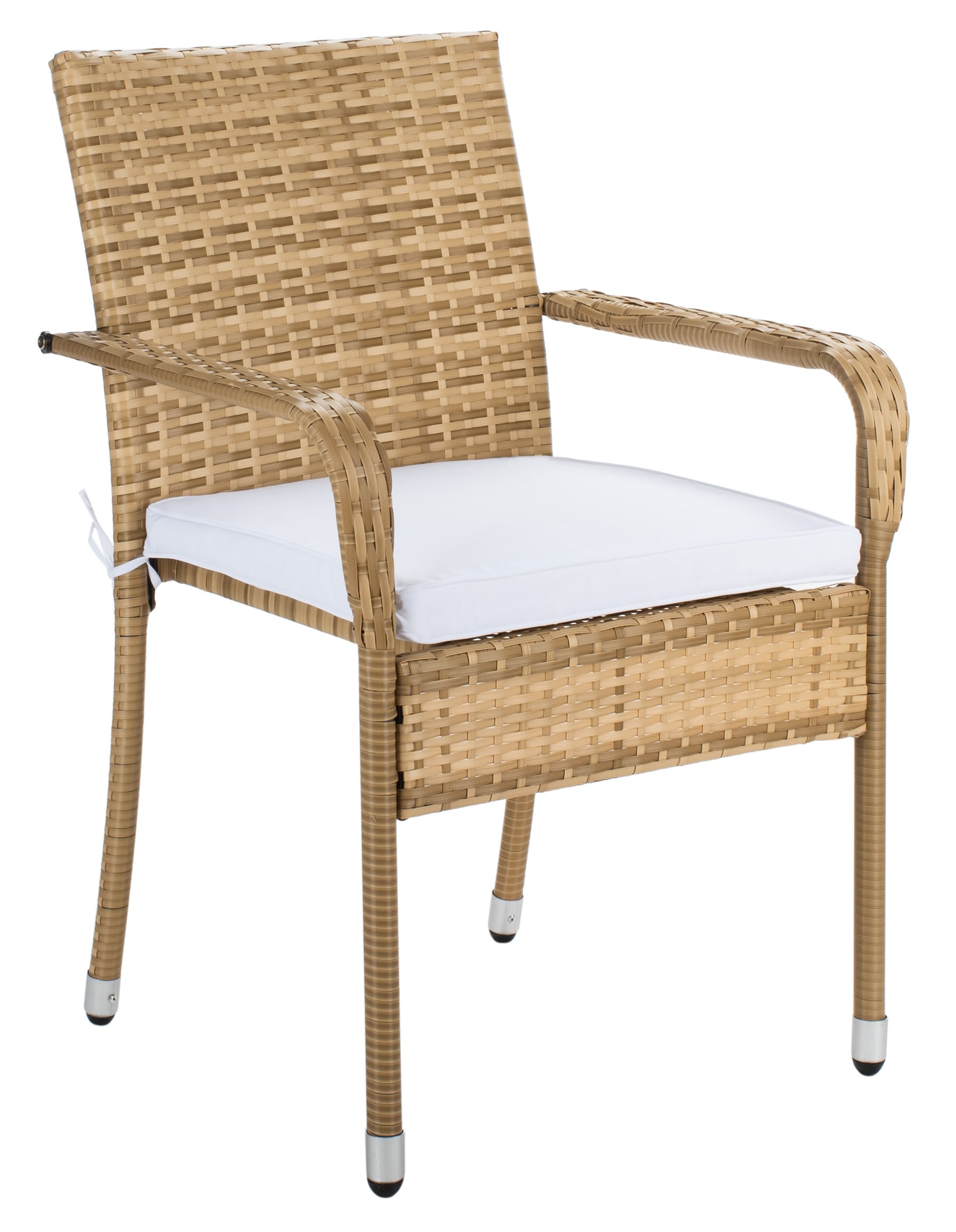 Safavieh PAT7718D Laban 3 -Piece Natural Wicker Patio Dining Set Steel Square Table with 2 White Cushions Stationary Chairs