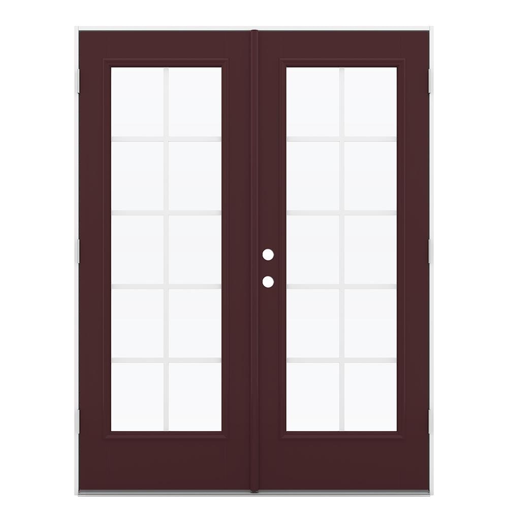 JELD-WEN 60-in x 80-in x 4-9/16-in Jamb Low-e Grilles Between The Glass Currant Fiberglass French Left-Hand Outswing Double Patio Door in Red -  LOWOLJW182300183