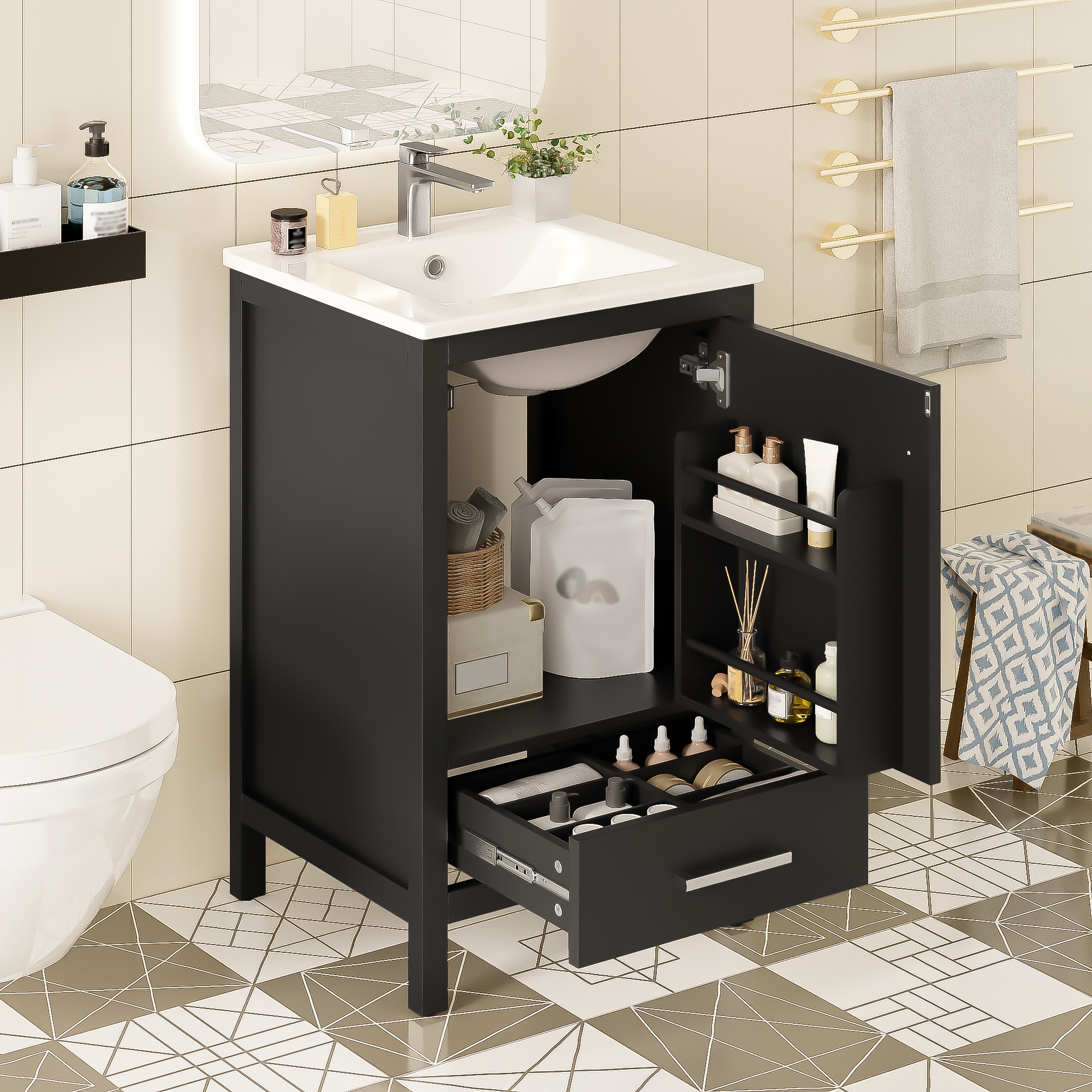 Tatayosi T-P334847B 20 Inch Compact Bathroom Vanity with Ceramic Sink and Soft Close Storage for Small Spaces