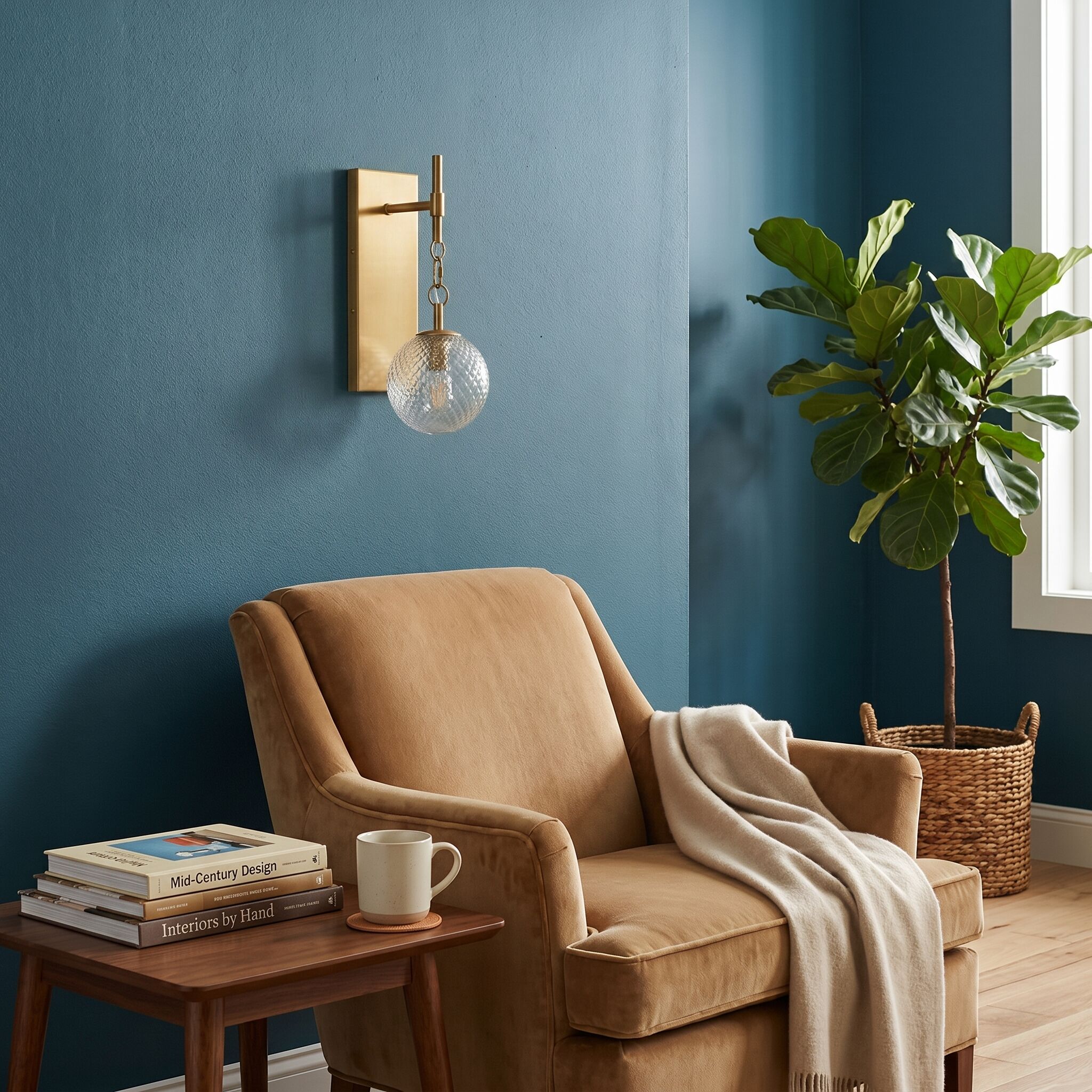 Derynth Stellara 5.31-in W 1-Light Natural Brass Transitional Wall Sconce with Diamond-Textured Glass Globe