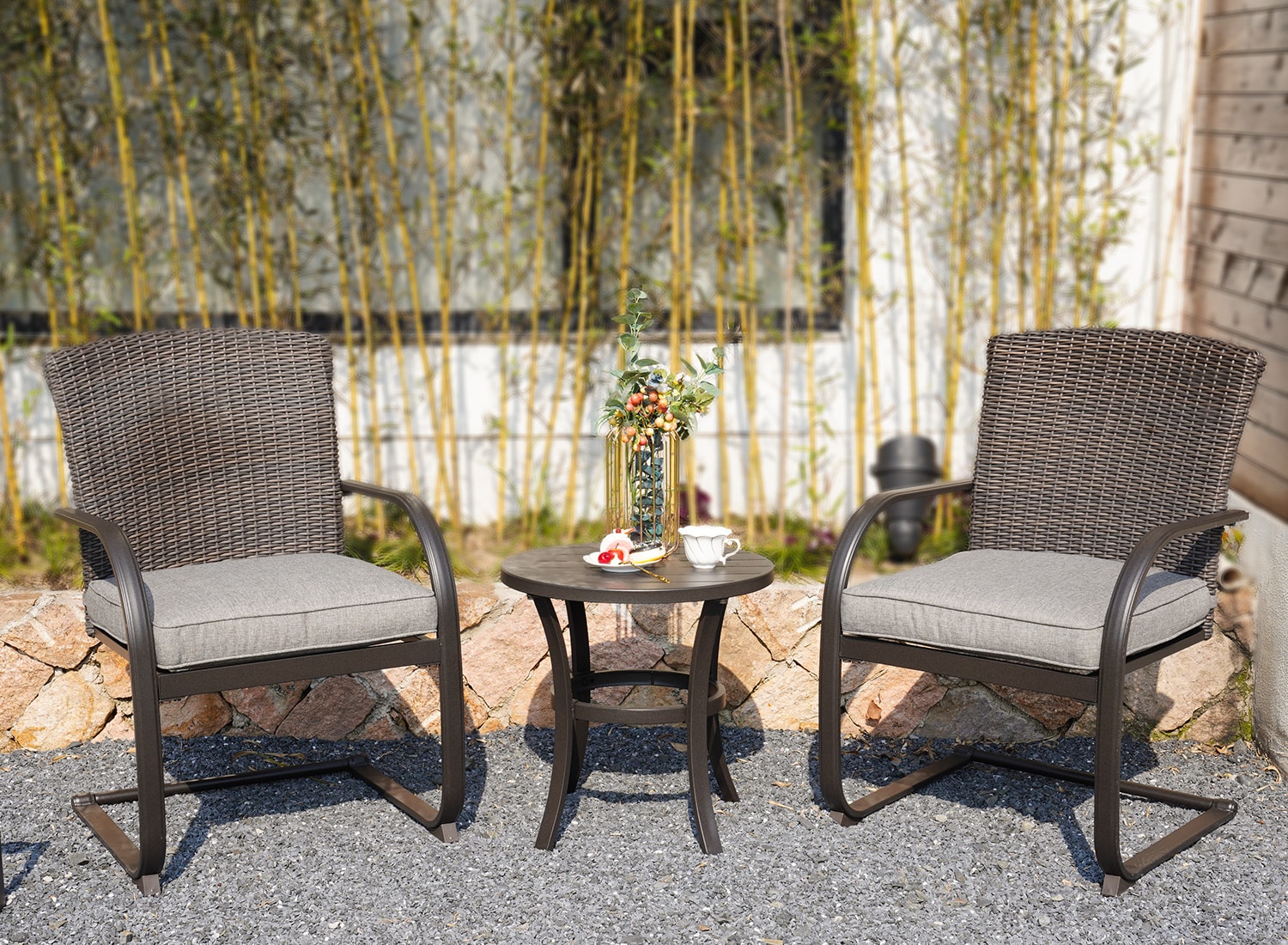 Outdoor Chairs Set Bistro Set 3 Pieces Patio Conversation Set Furniture Set for Small Balcony Rattan Chairs and Table with Cushions Blue 