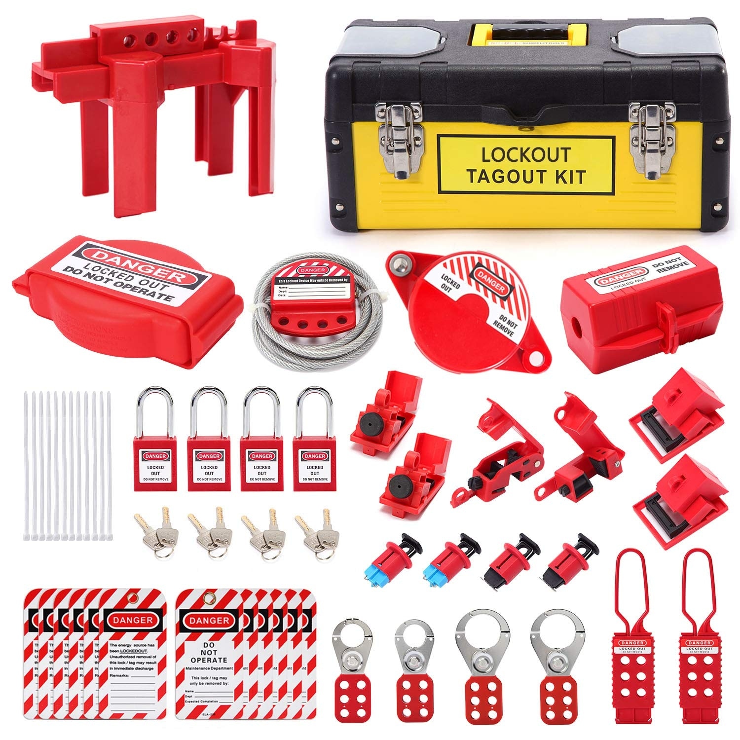 AOIZGMY Lockout Tagout Kit 50 Piece Set includes 4 safety padlocks 4 lockout hasps 1 ball valve lockout 2 plug lockouts 12 loto tags 10 breaker lockouts #LAZ0430G26