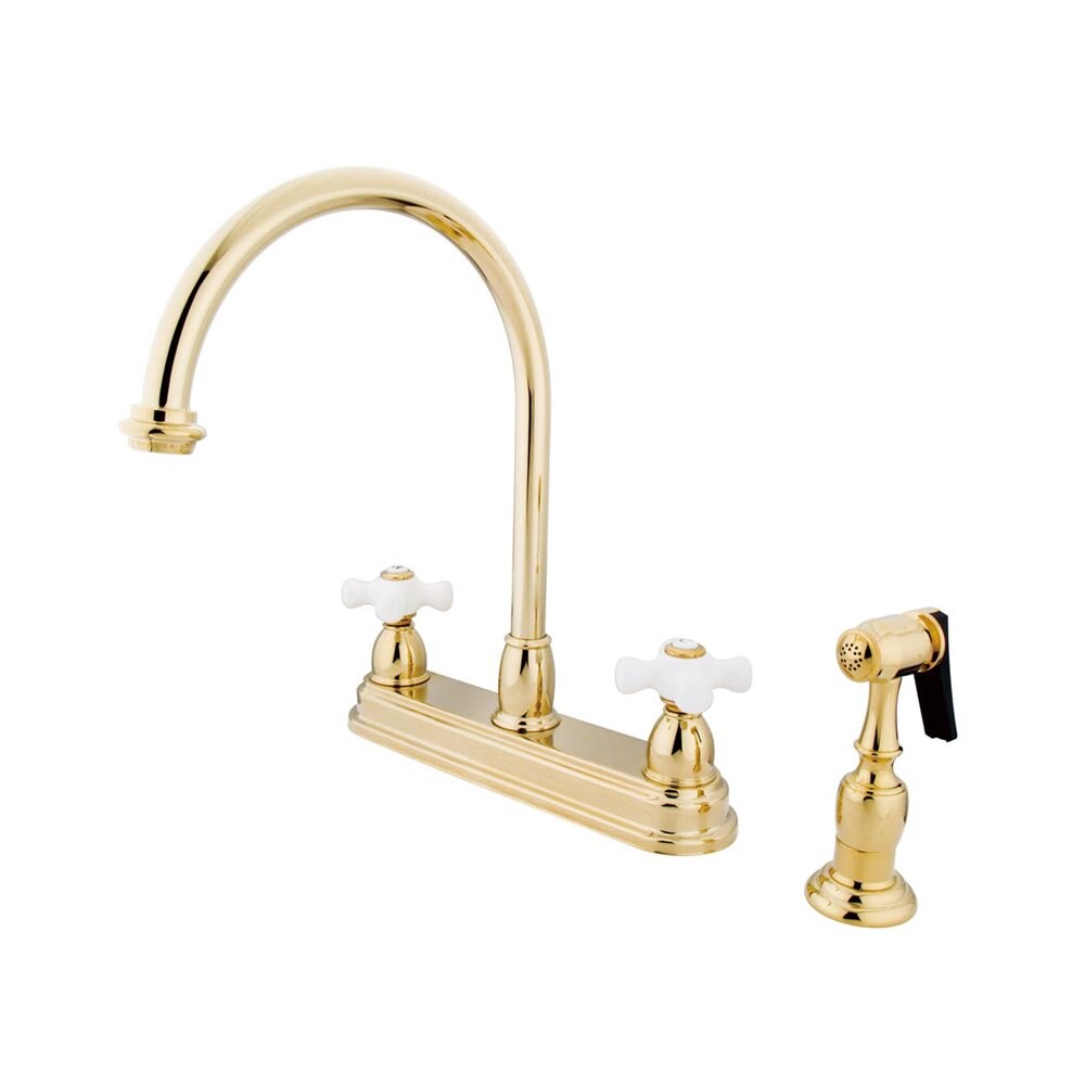 Chicago Polished Brass Double Handle High-arc Kitchen Faucet with Deck Plate and Side Spray Included | - Elements of Design EB3752PXBS