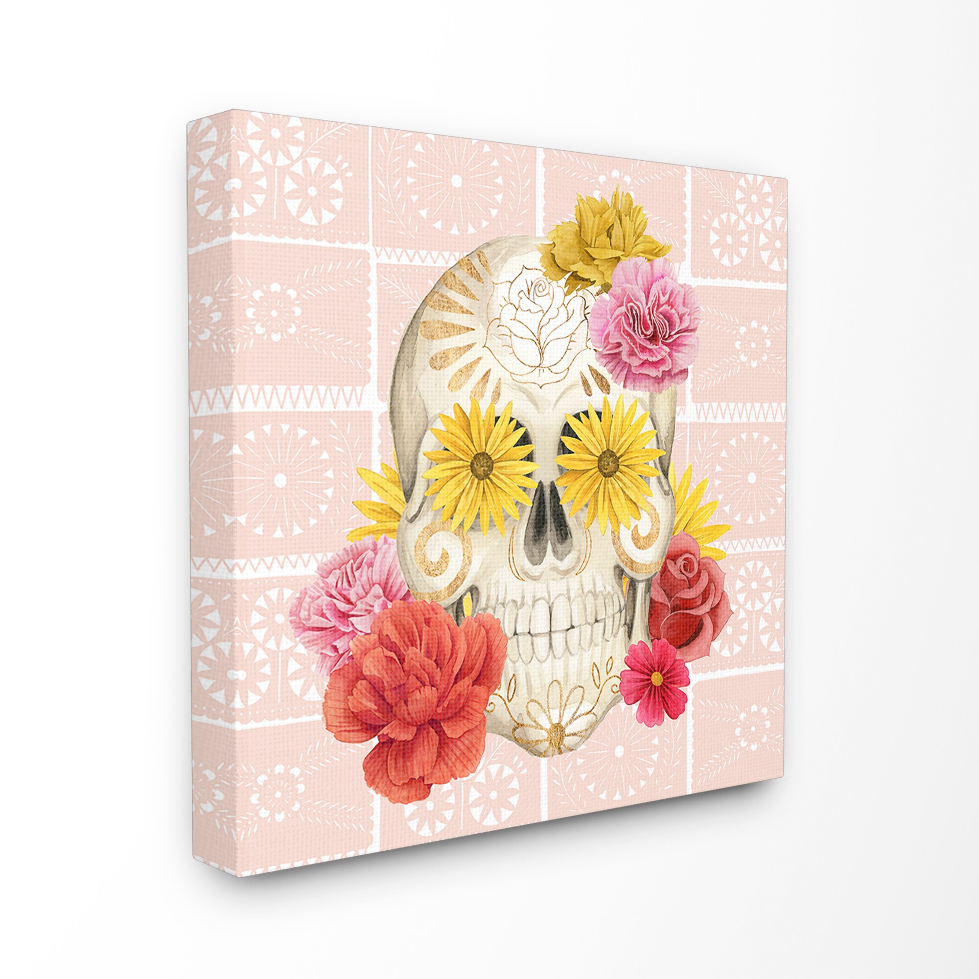 Stupell Industries MWP-567-CN-24X24 Floral Festival Skull On Peach Dotted Background Grace Popp 24-in H x 24-in W Abstract Print on Canvas