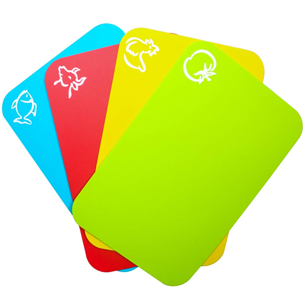 LILILIAN FMY Small Flexible Plastic Cutting Board Mats Set of Four with Gripped Back and Food Icons Dishwasher Safe 7 and a Half by 11 and Four #LRO0826O281