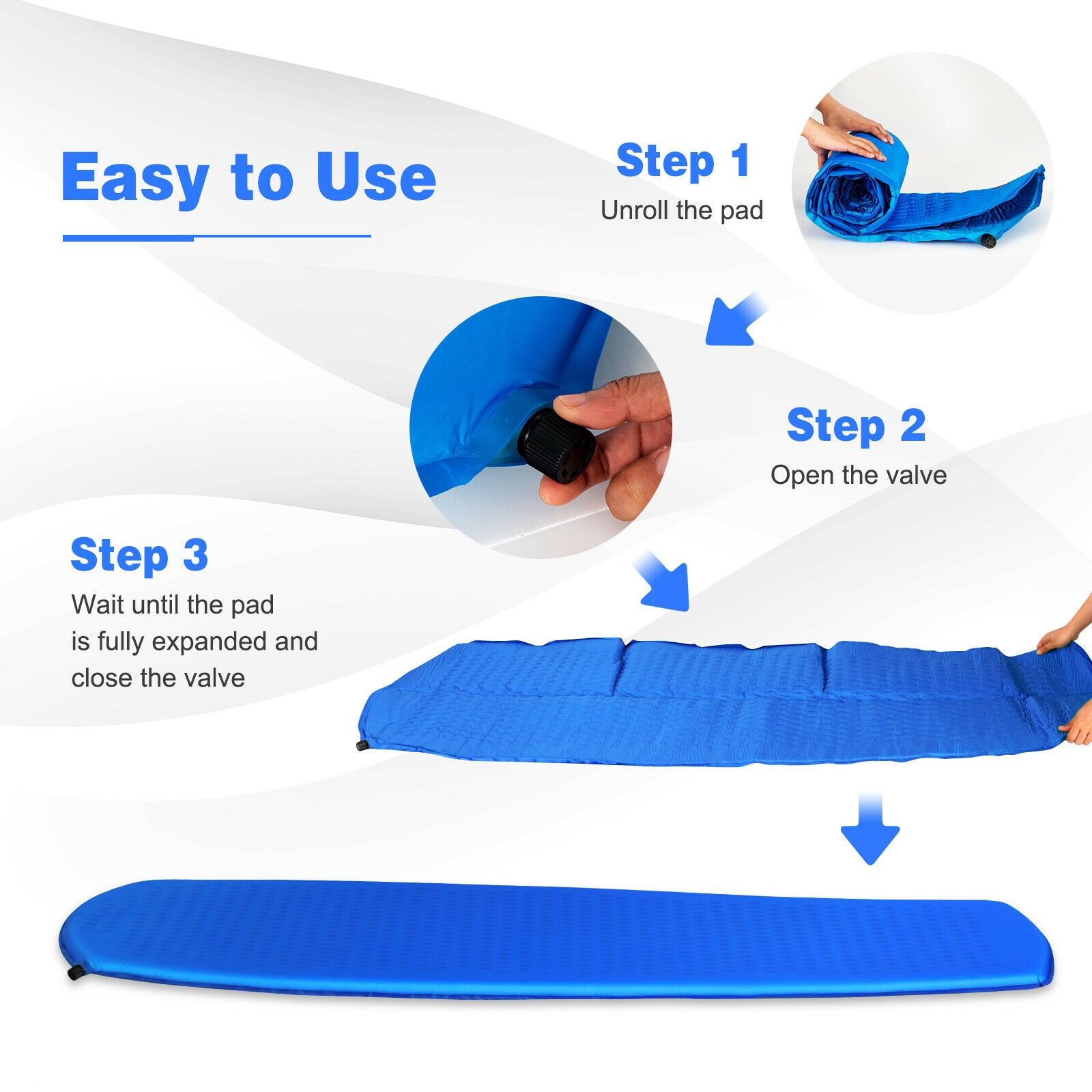Blue Self-Inflating Nylon Camping Sleeping Pad with Carrying Bag
