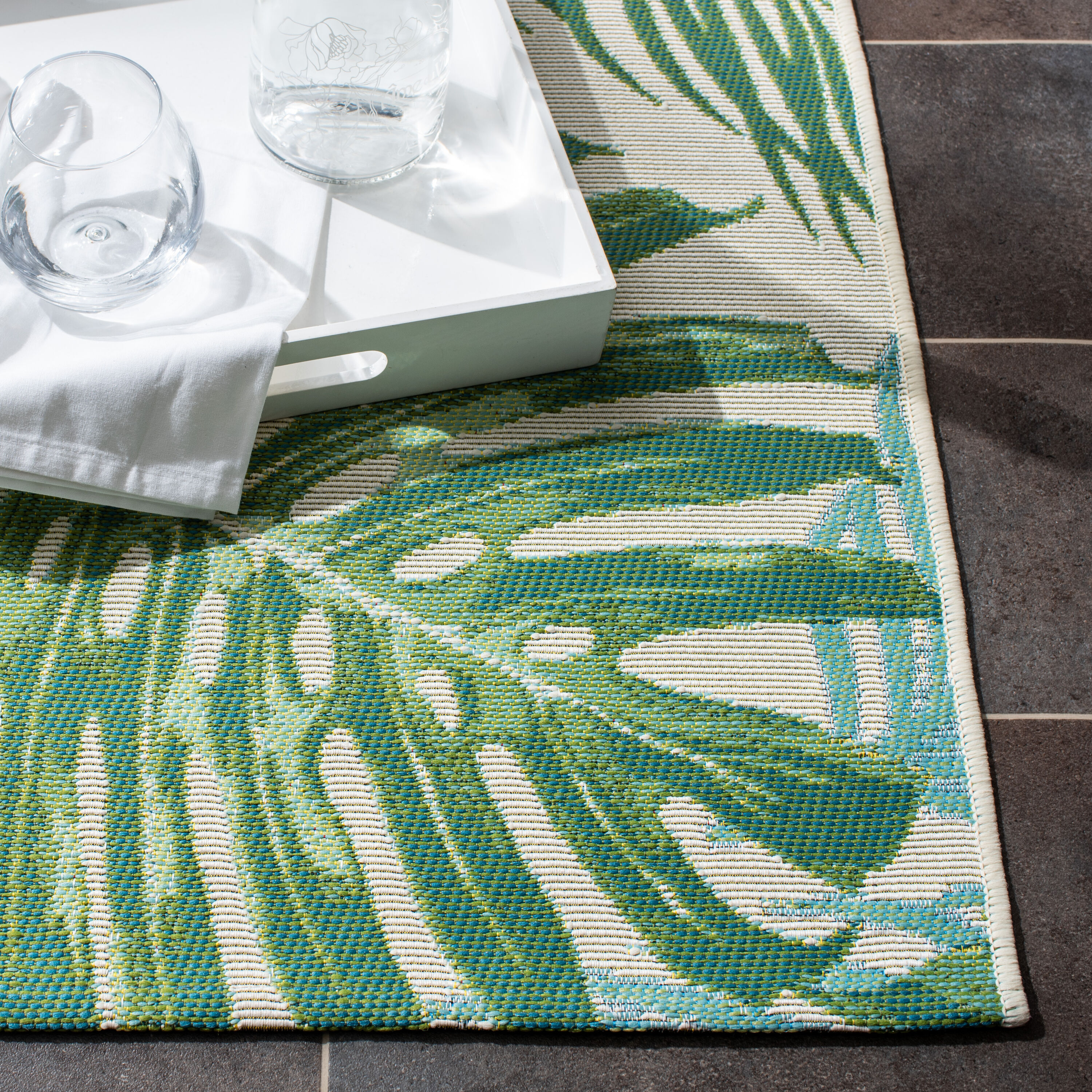 Green and Teal Tropical Palm Leaves Indoor/Outdoor Area Rug