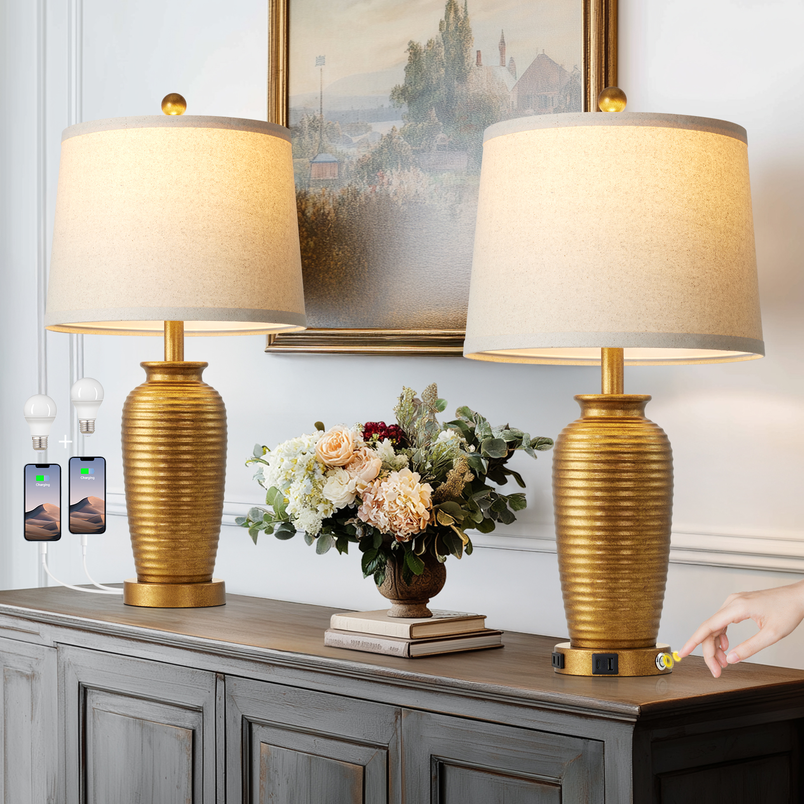 UrFurnishings Farmhouzz 25-in Bronze LED Touch Table Lamp with Linen Shade