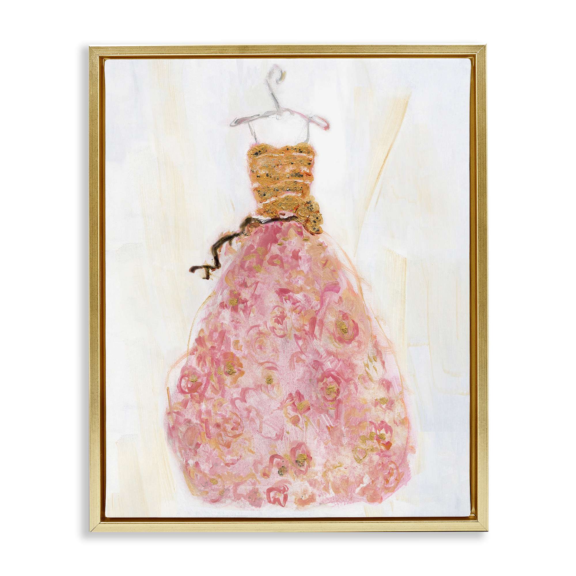 Stupell Industries BT-977-FFG-16X20 Classy Posh Pink Ball Gown Gold Framed Floater Canvas Wall Art By Sally Swatland 17 x 21