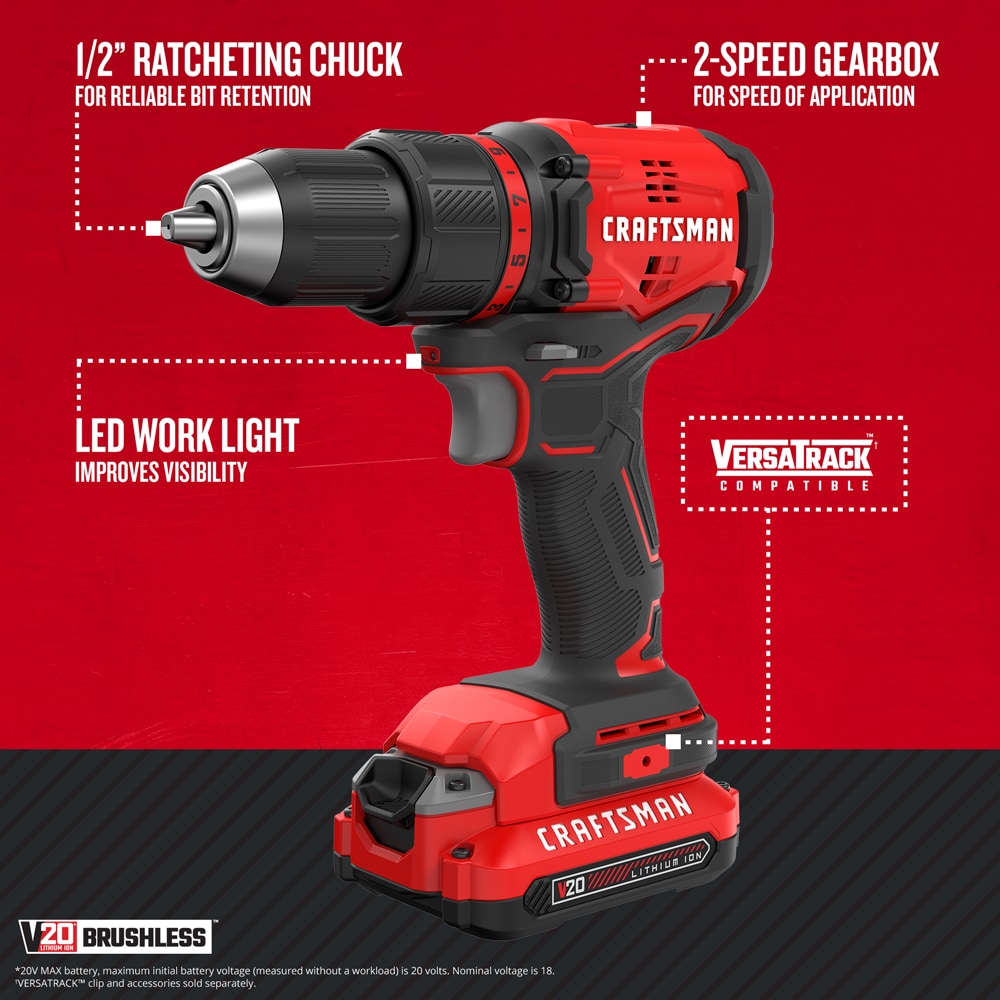 Craftsman craftsman v20* cordless drill/driver kit, brushless (cmcd710c1) ,  red , 1/2-in.