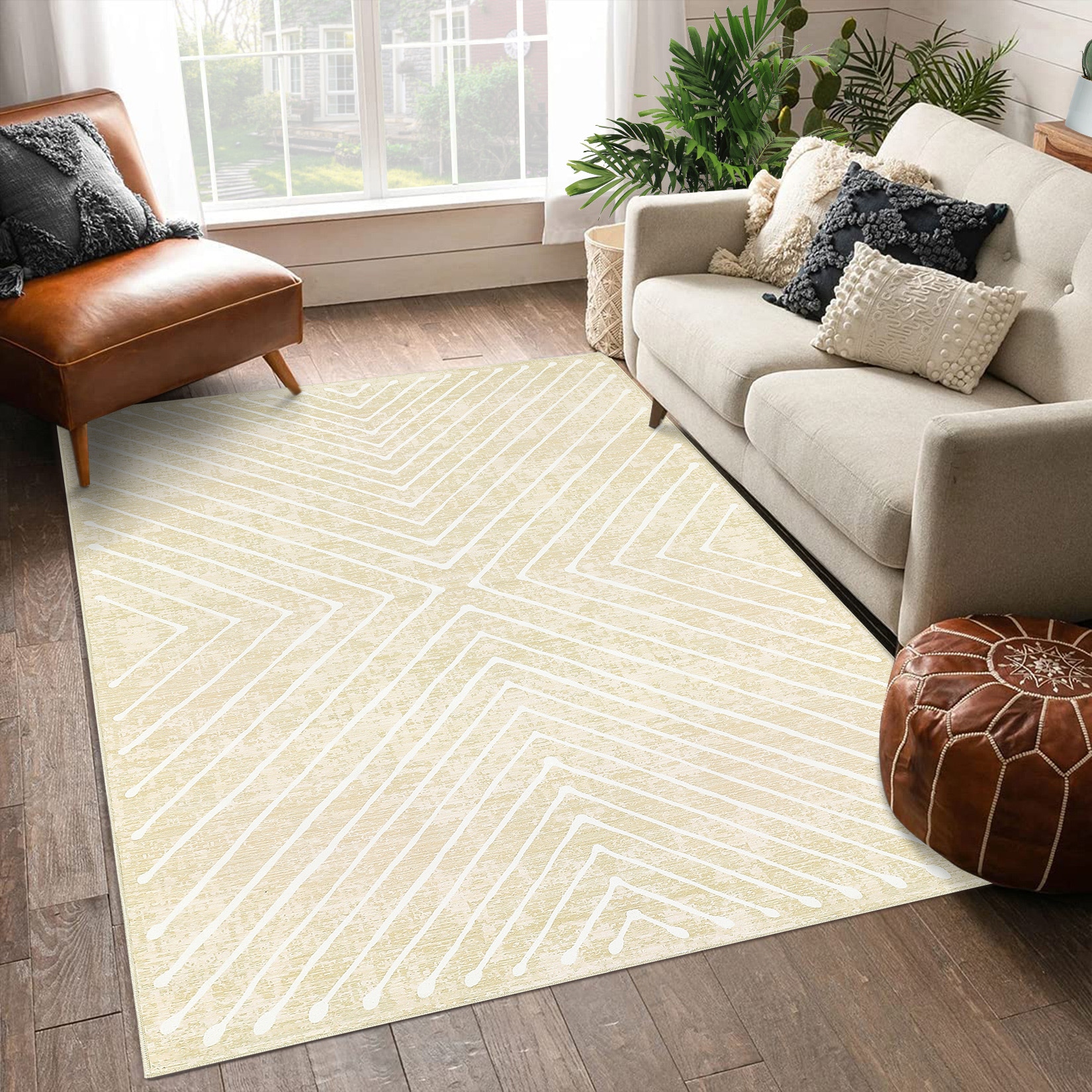 Garvee YXY-LO-PHO-15H9MRS2 5 x 7 (ft) Loomed Polyester Beige Rectangular Indoor Geometric Mid-Century Modern Machine washable Area rug