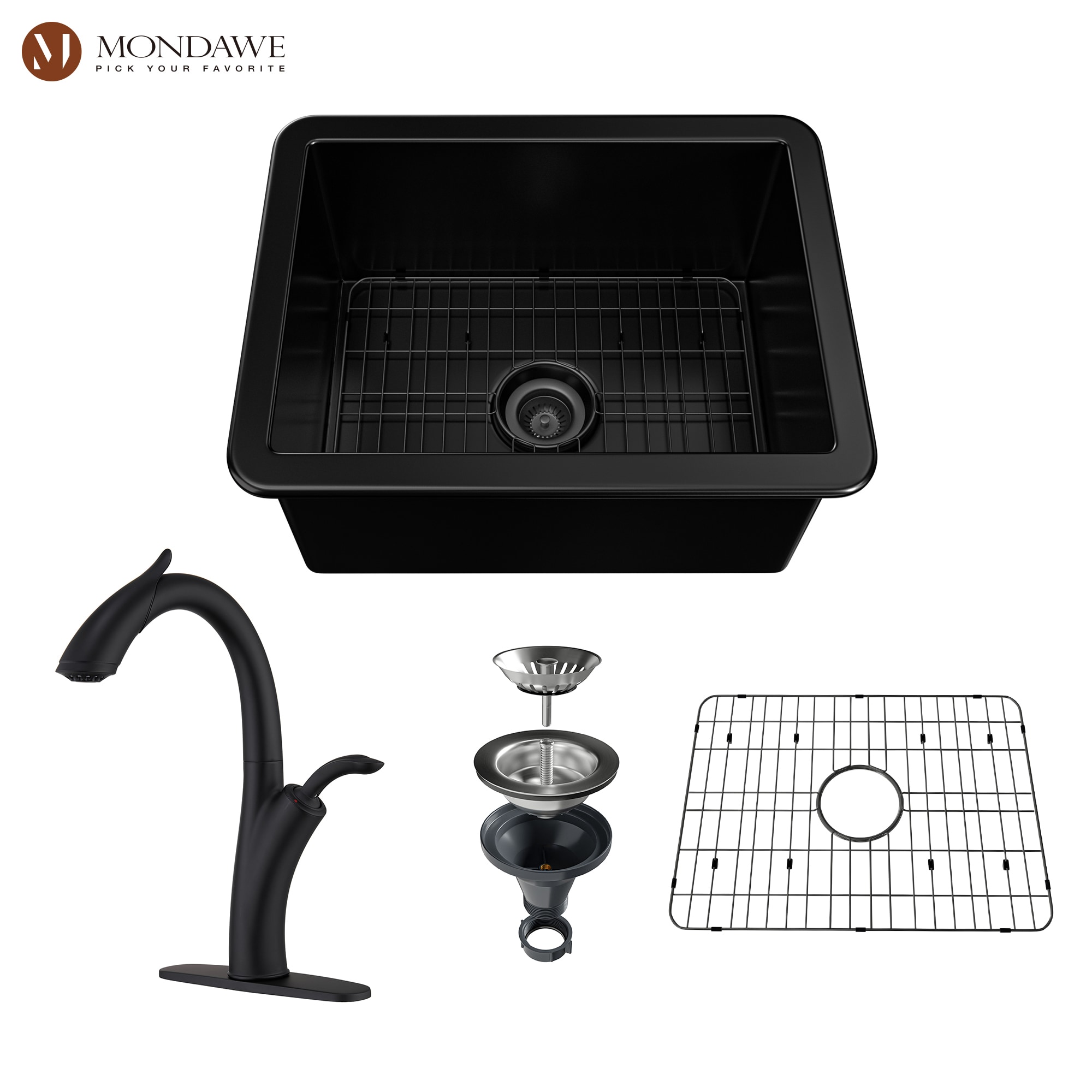 CASAINC Black Fireclay 30 in. Single Bowl Farmhouse Apron Kitchen Sink with Sprayer Kitchen Faucet and Accessories, 30 in. Matte Black Fireclay