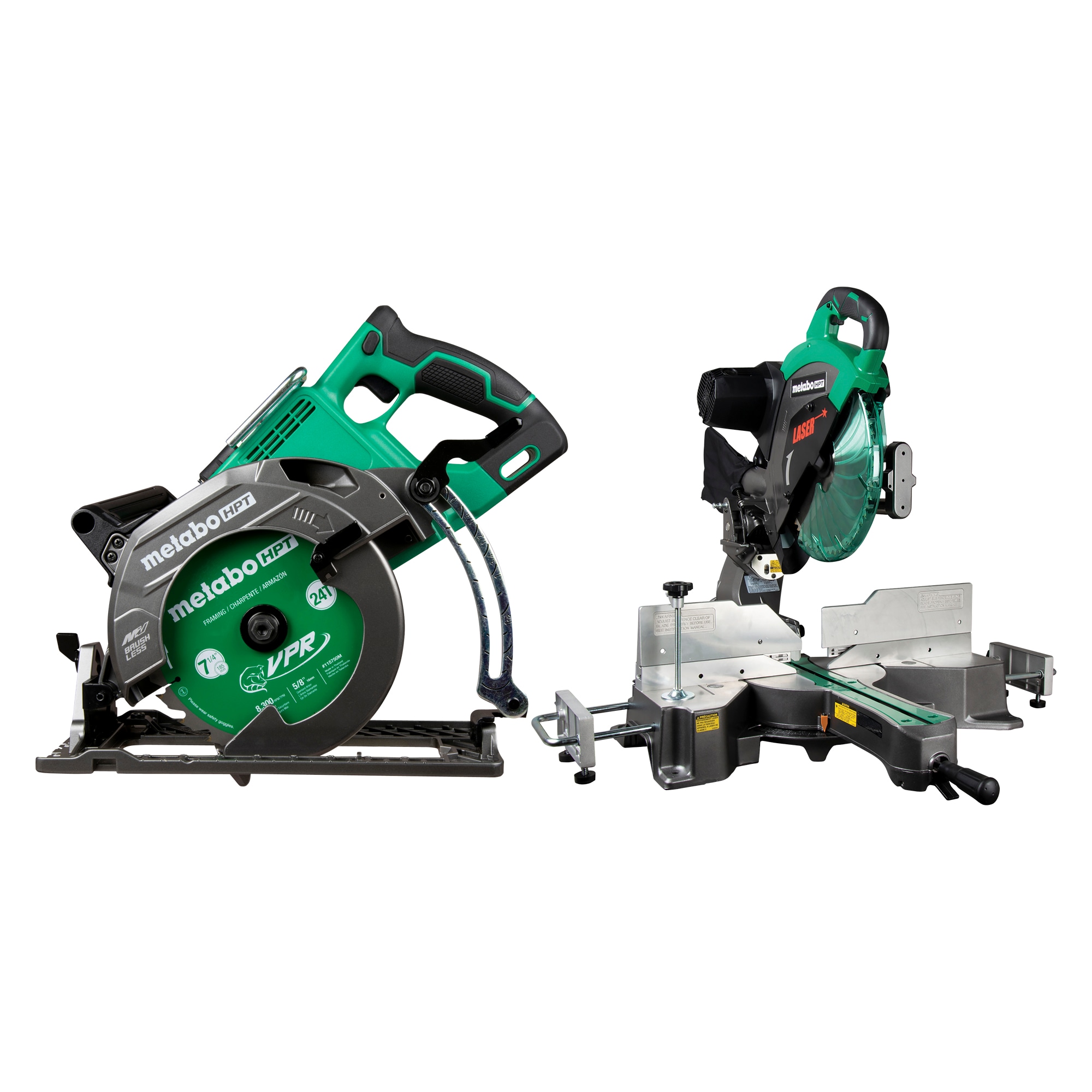 Metabo HPT MultiVolt 36-Volt 7-1/4-in Brushless Cordless Rear Handle Circular Saw with 12-in 15 Amps Dual Bevel Sliding Compound Corded Miter Saw