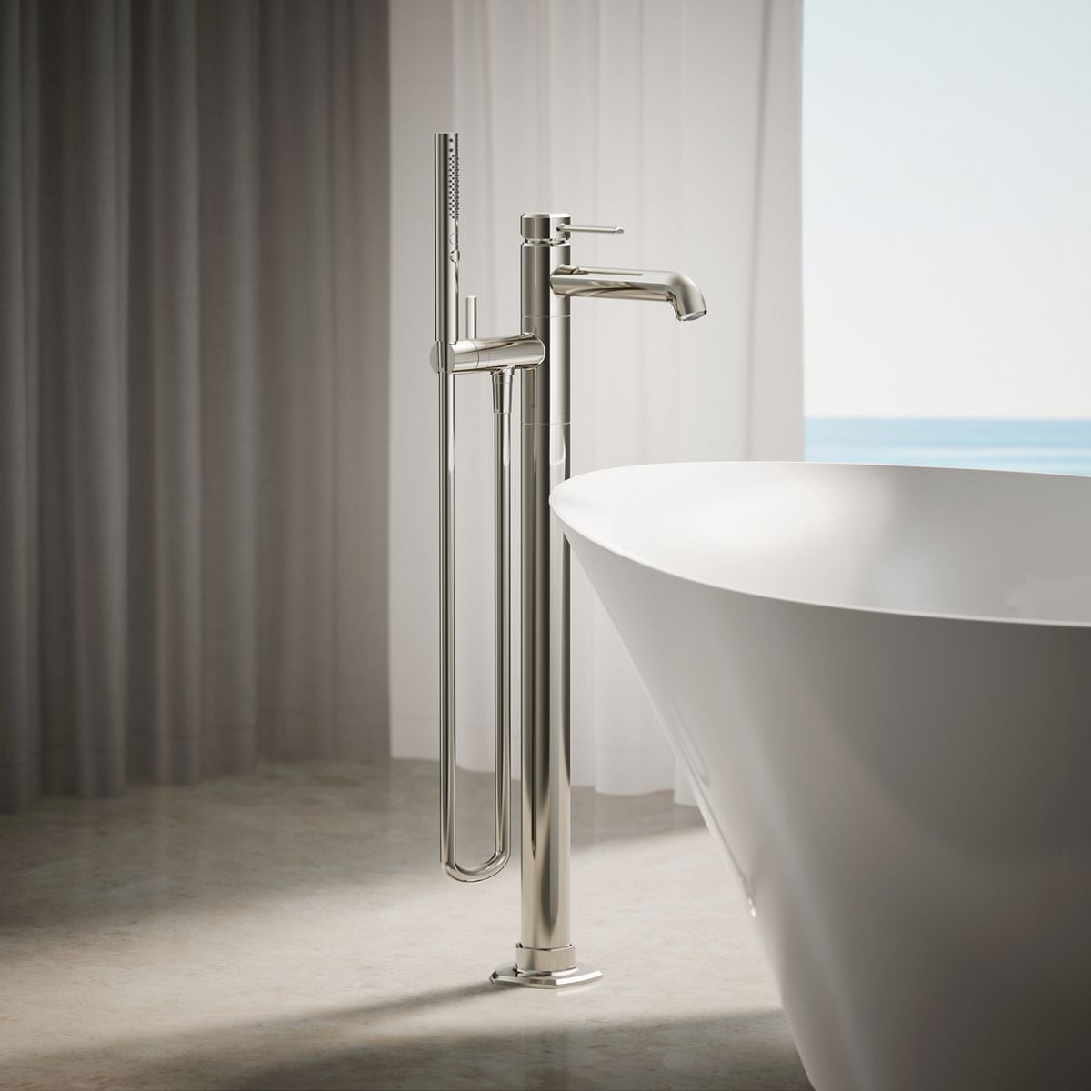 KOHLER T27025-4-SN Occasion Vibrant Polished Nickel 1-handle Floor-mount Low-arc Bathtub Faucet