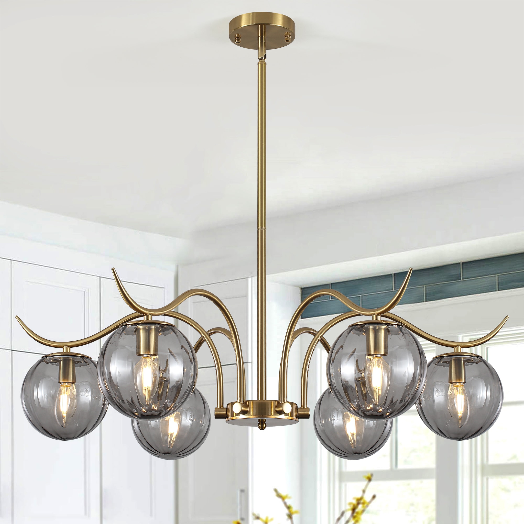 ZemSum 33.85-In W 6-Light Gray Sputnik Glass Metal Wagon Wheel Chandelier