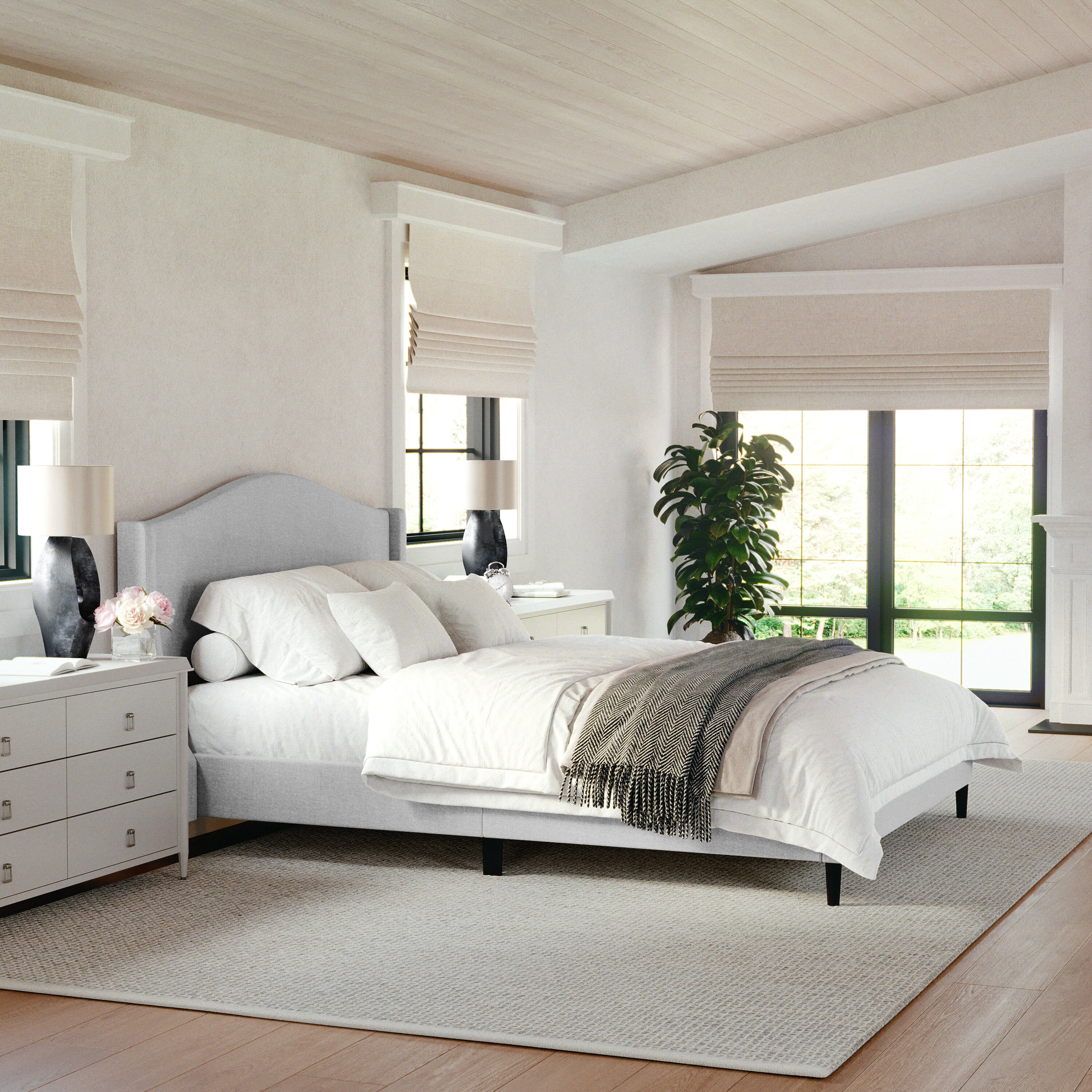 Gray Queen Upholstered Platform Bed with Curved Headboard and Wood Frame