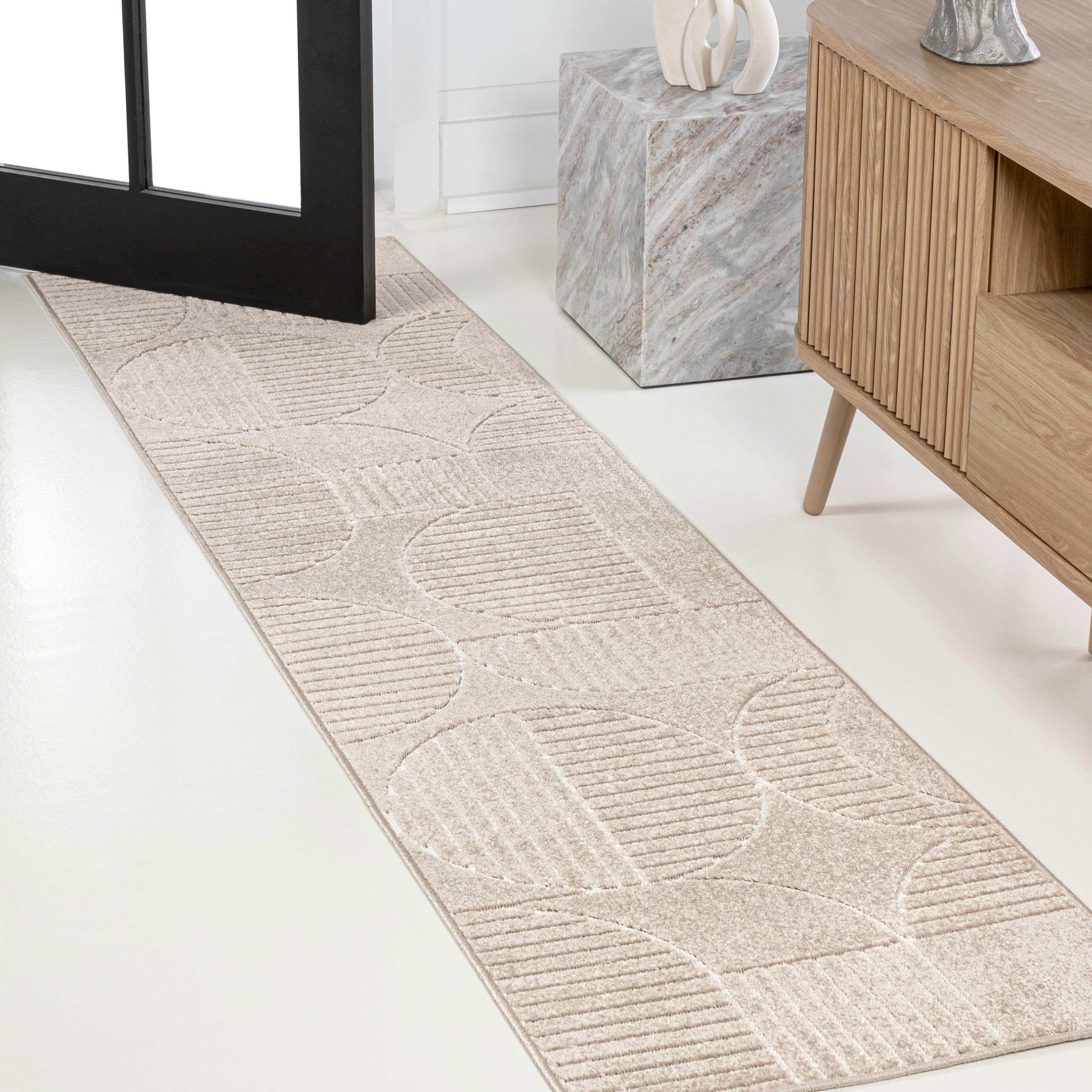 JONATHAN  Y SCN104E-28 SCANDINAVIAN Nordby High-Low Arch 2 x 8 (ft) Loomed Polypropylene Beige/Cream Rectangular Indoor/Outdoor Stripe Bohemian/Eclectic Runner rug