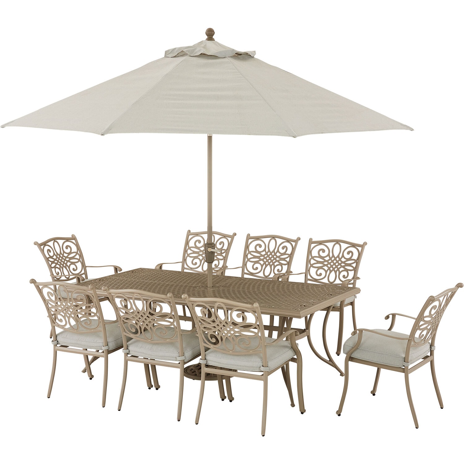 Hanover TRADDNS9PC-BE-SU Traditions with Umbrella 9-Piece Tan Patio Dining Set Aluminum Rectangle Table with 8 Tan Cushions Stationary Chairs