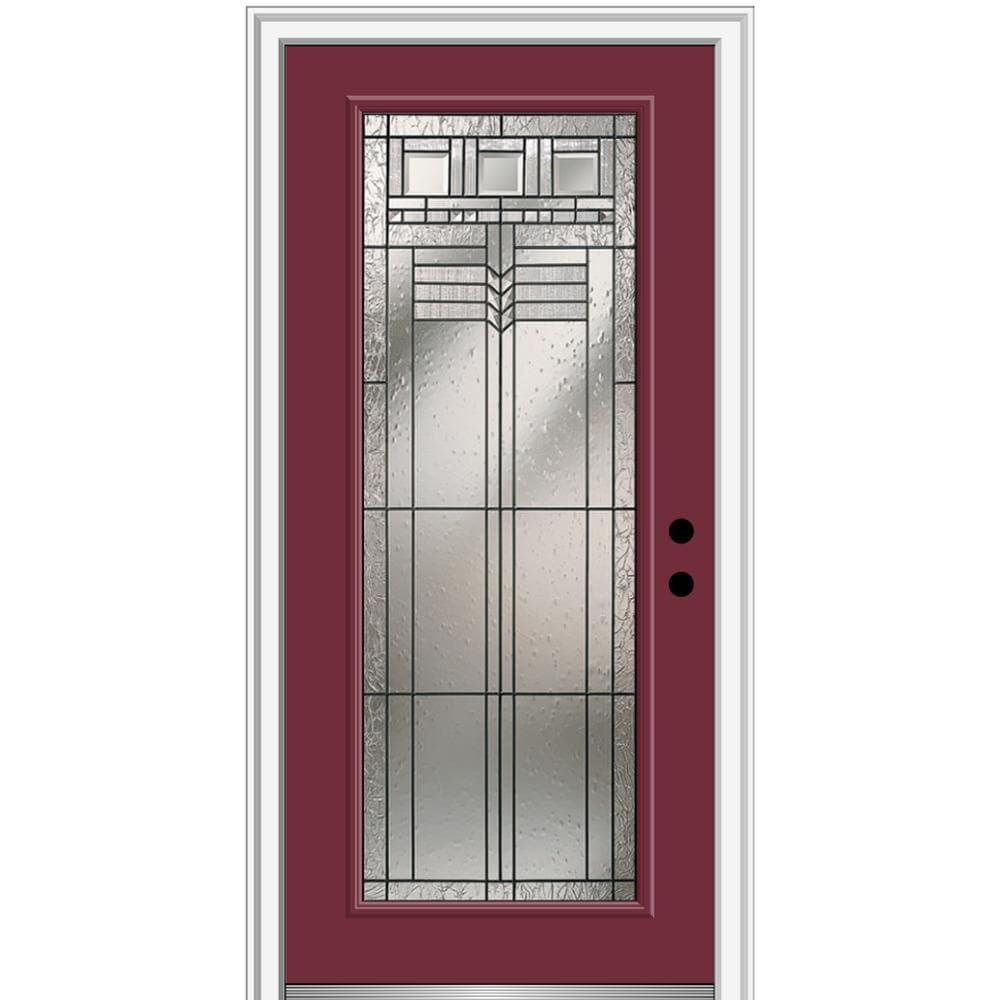 MMI DOOR ZZ3664146L 32-in x 80-in x 4-9/16-in Fiberglass Full lite Left-hand inswing Burgundy Painted Prehung Front Door with Brickmould Insulating core