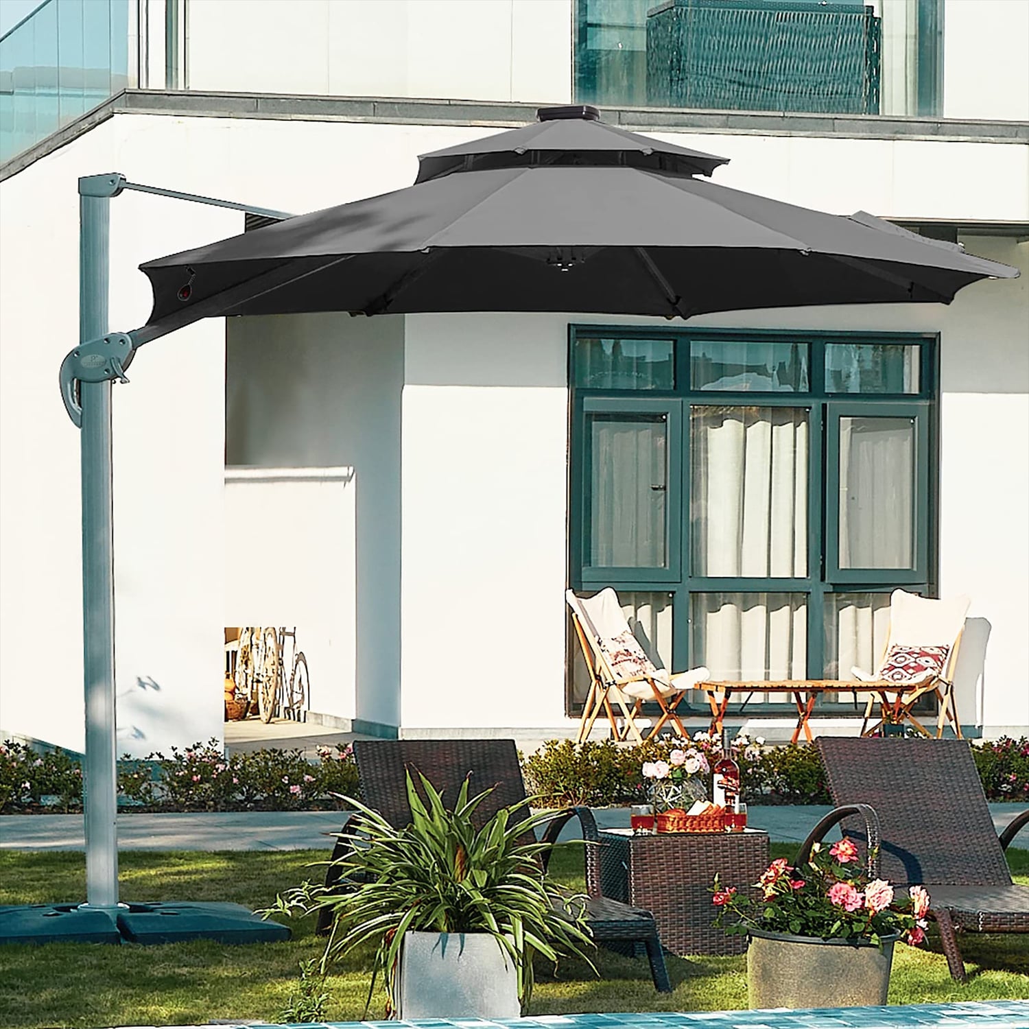 JEAREY 10-ft Aluminum Gray Offset Patio Umbrella With Lights In The ...