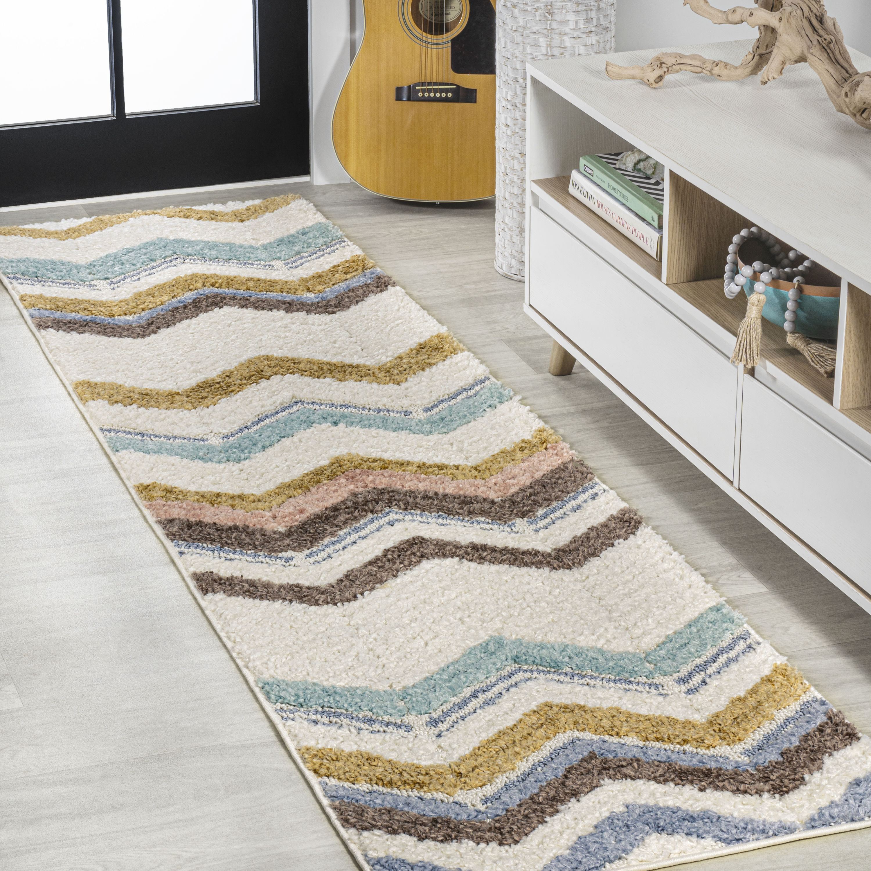 Elin Chevron High-Low Multi/Cream Synthetic Runner Rug, 2'-2" X 8'