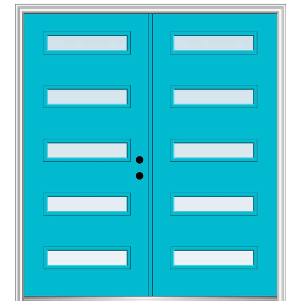MMI DOOR ZZ349081L Spotlights 72-in x 80-in x 6-9/16-in Fiberglass Pulse lite Left-hand inswing Bahama Blue Painted Prehung Double Front Door with Brickmould Insulating core