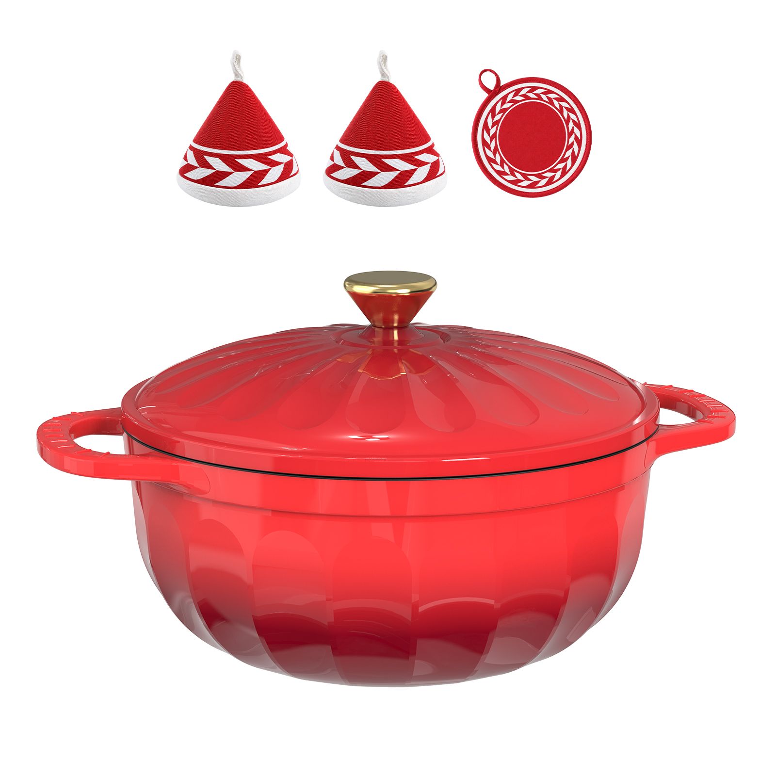 Winado  5 QT Petal Shaped Enamel Cast Iron Dutch Oven in Red with Heat Resistant Mitts and Pot Mat