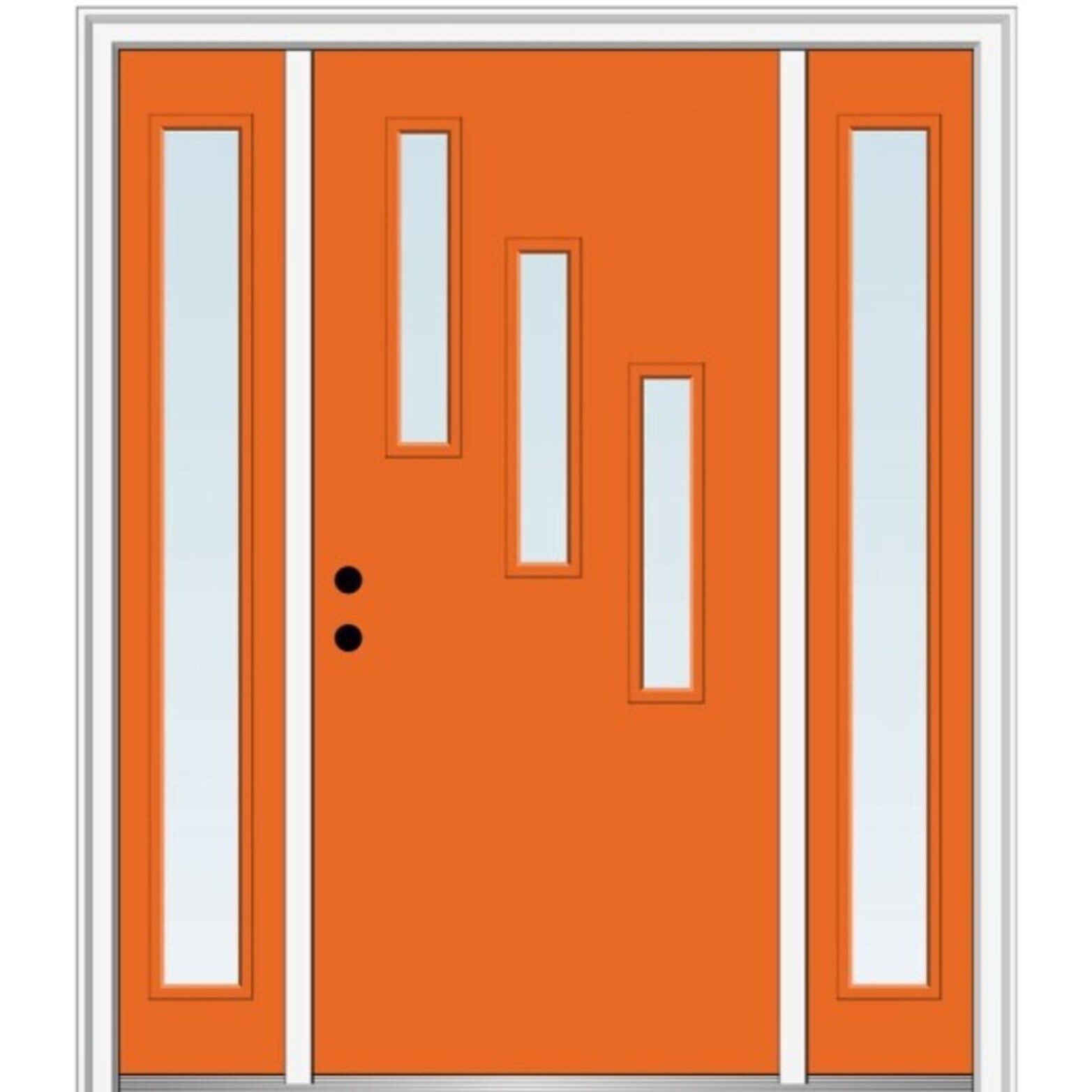 MMI DOOR ZZ349459R Spotlights 64-in x 80-in x 6-9/16-in Fiberglass Pulse lite Right-hand inswing Tangerine Painted Prehung Front Door with Sidelights with Brickmould Insulating core