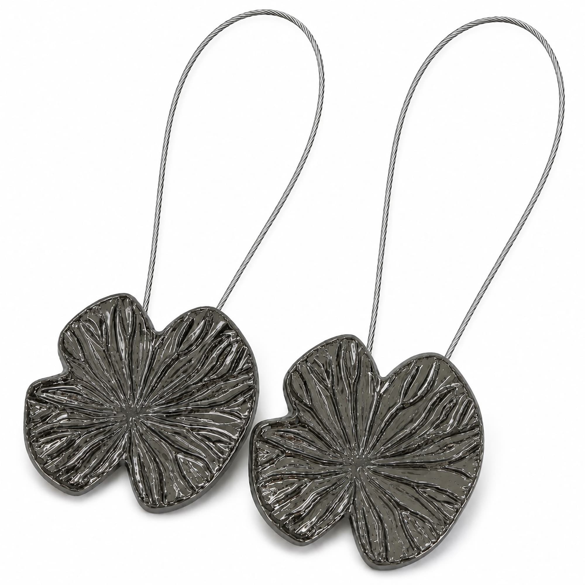 EVIDECO FRENCH HOME GOODS 12-in Set of 2 Magnetic Water Lily Curtain Tiebacks - Resin Floral Design Strong Magnetic Closure No Installation Required - Graphite