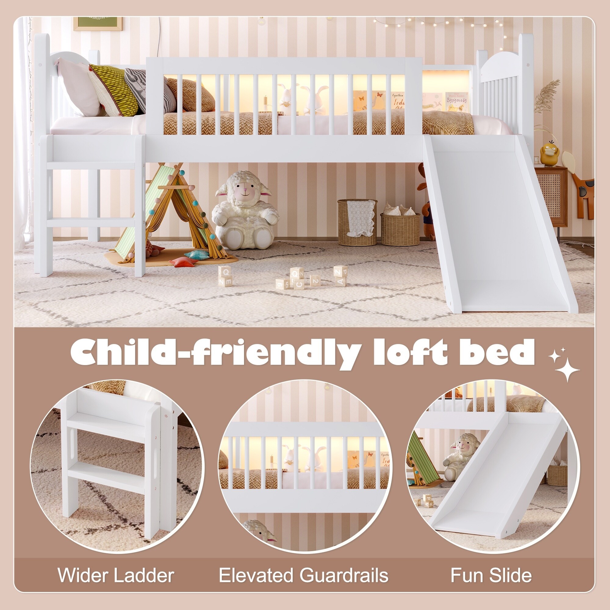 Horizons Prime Twin White Solid Wood Loft Bed with LED Lights and Full ...