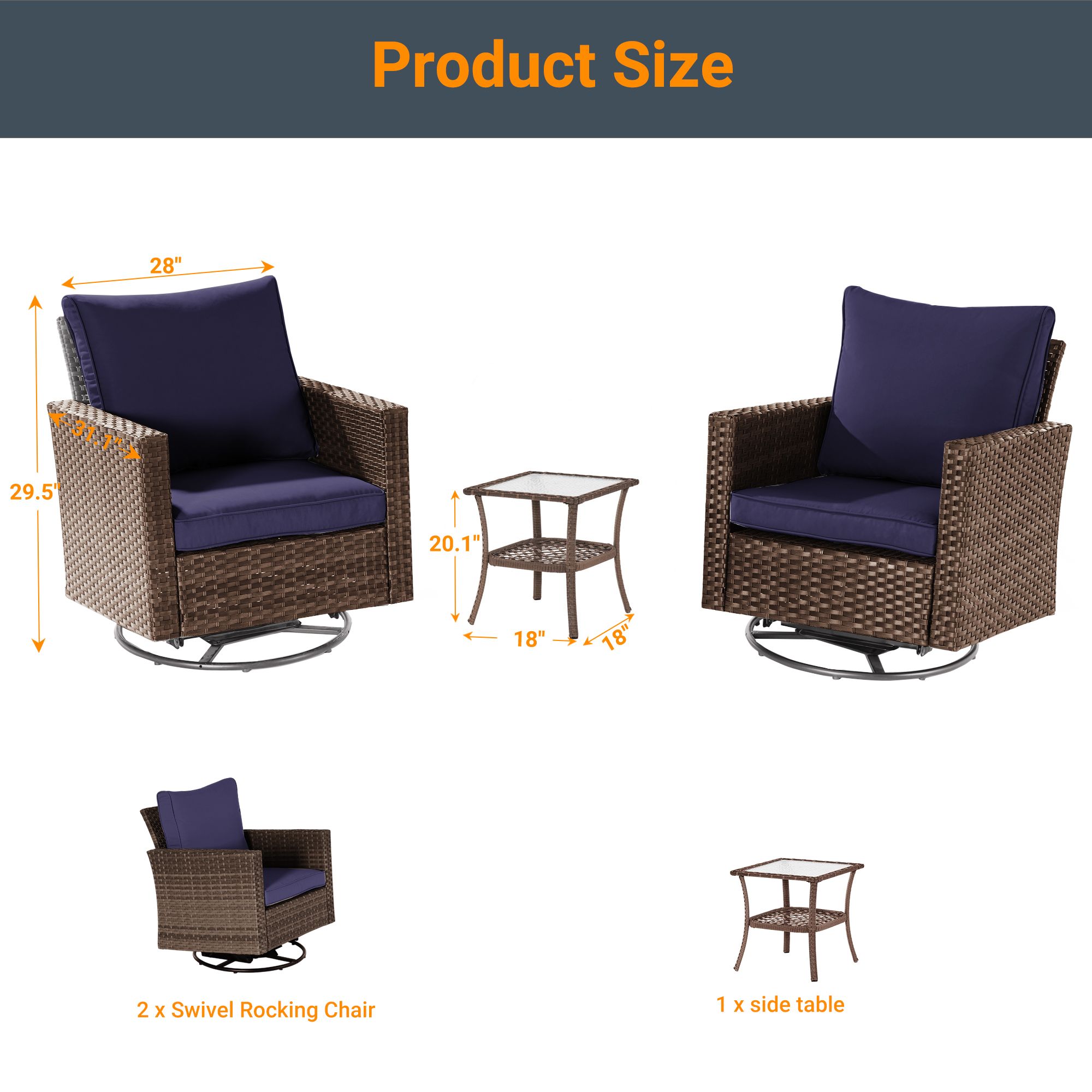 Sonkuki 3-Piece Rattan Patio Conversation Set with Blue Cushions in the ...