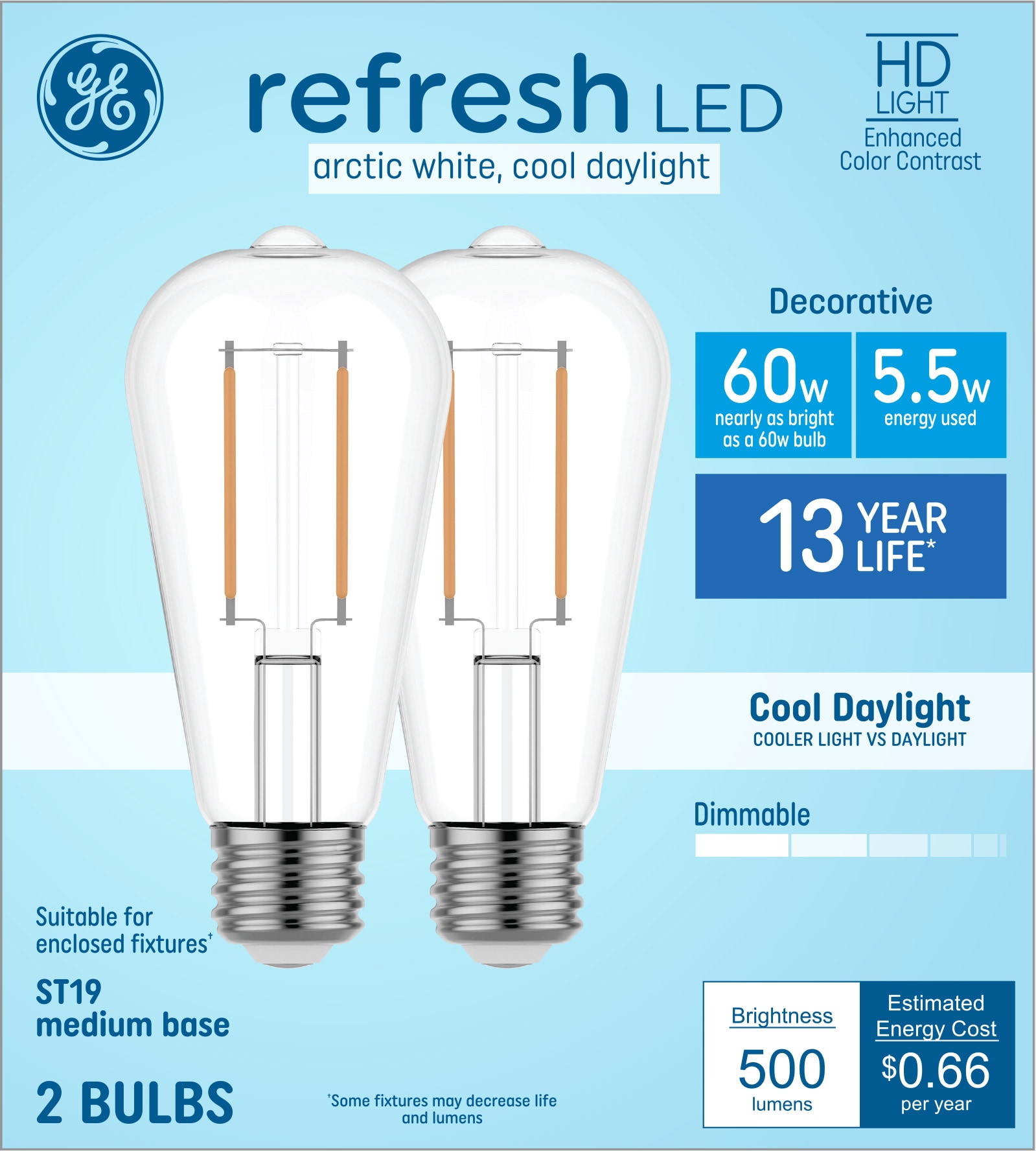 GE 60W Refresh LED ST19 Medium Base Bulbs, Cool Dayligh - 2 Each