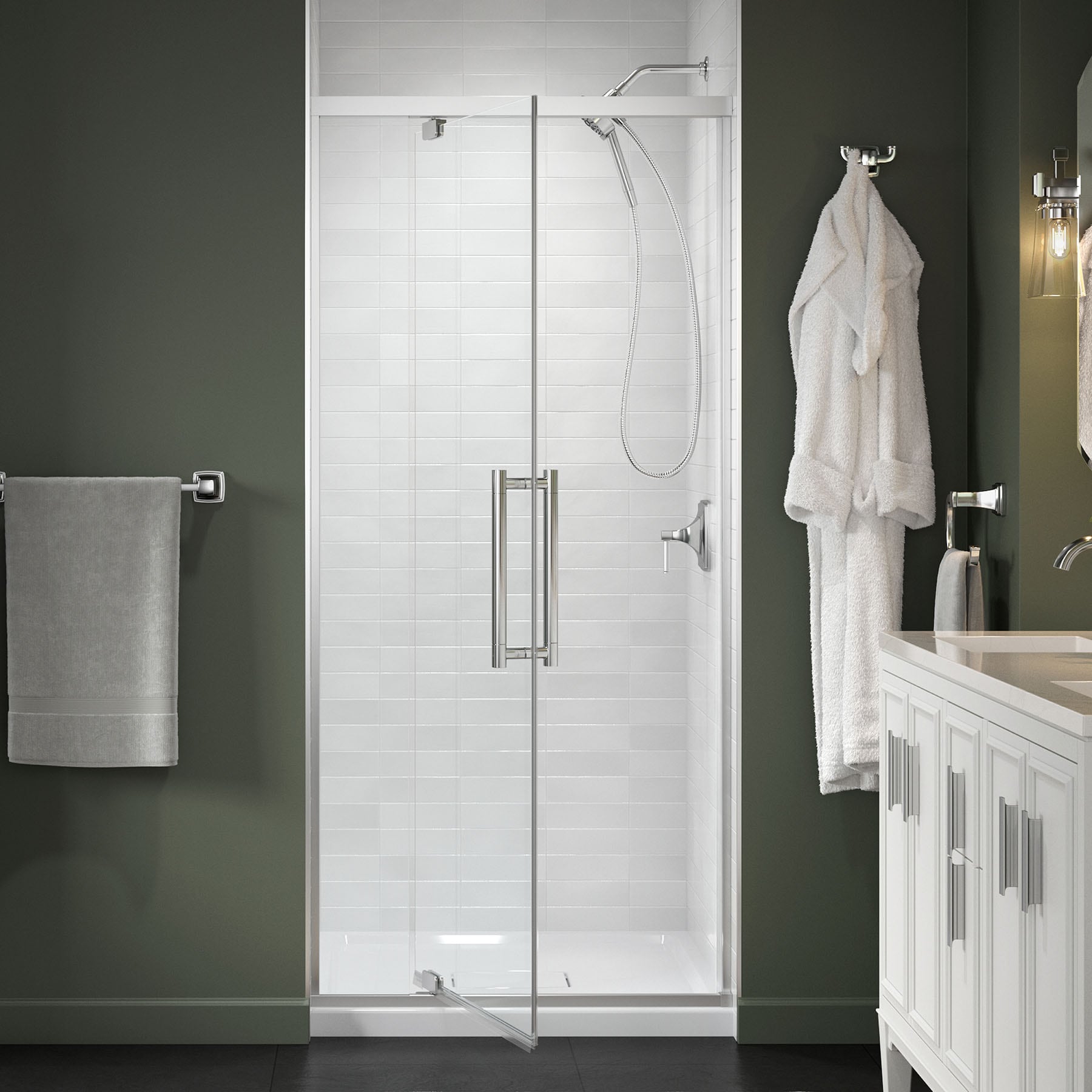 KOHLER 702481-8L-SHP Premise Bright Polished Silver 31-5/8-in to 35-5/8-in W x 76.06-in H Frameless Pivot Soft Close Shower Door 5/16-in Thick Clear Glass