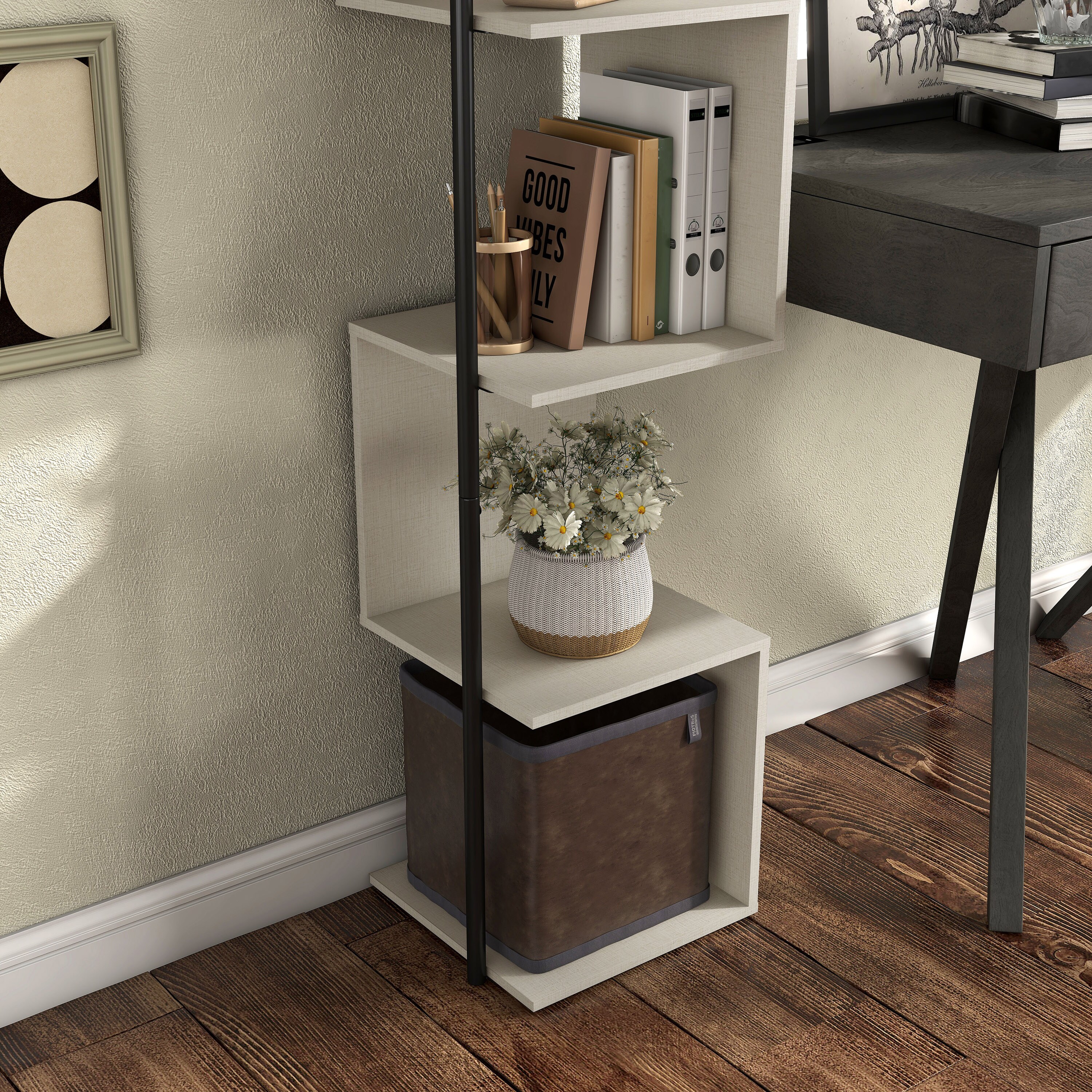Cream Weave 5-Shelf Corner Bookcase with Black Metal Support