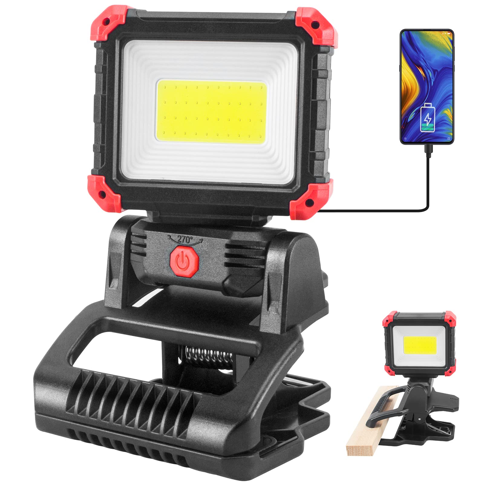 Vrbgify  1 Piece 2100 Lumen Rechargeable LED Work Light with Clamp Magnetic Base 3 Modes 270 and 180 Degree Rotation Waterproof for Jobsite Camping