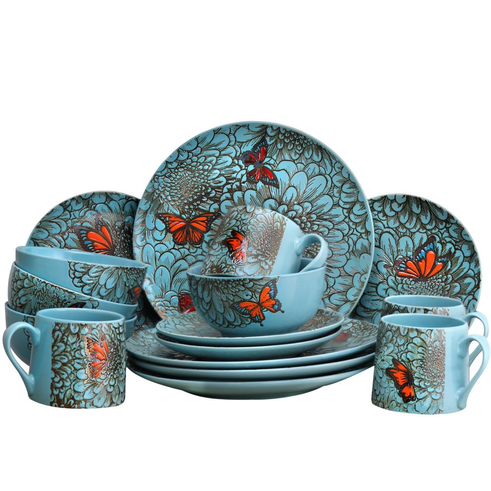 Butterfly Garden Blue and Gold Ceramic Dinnerware Set, Service for 4