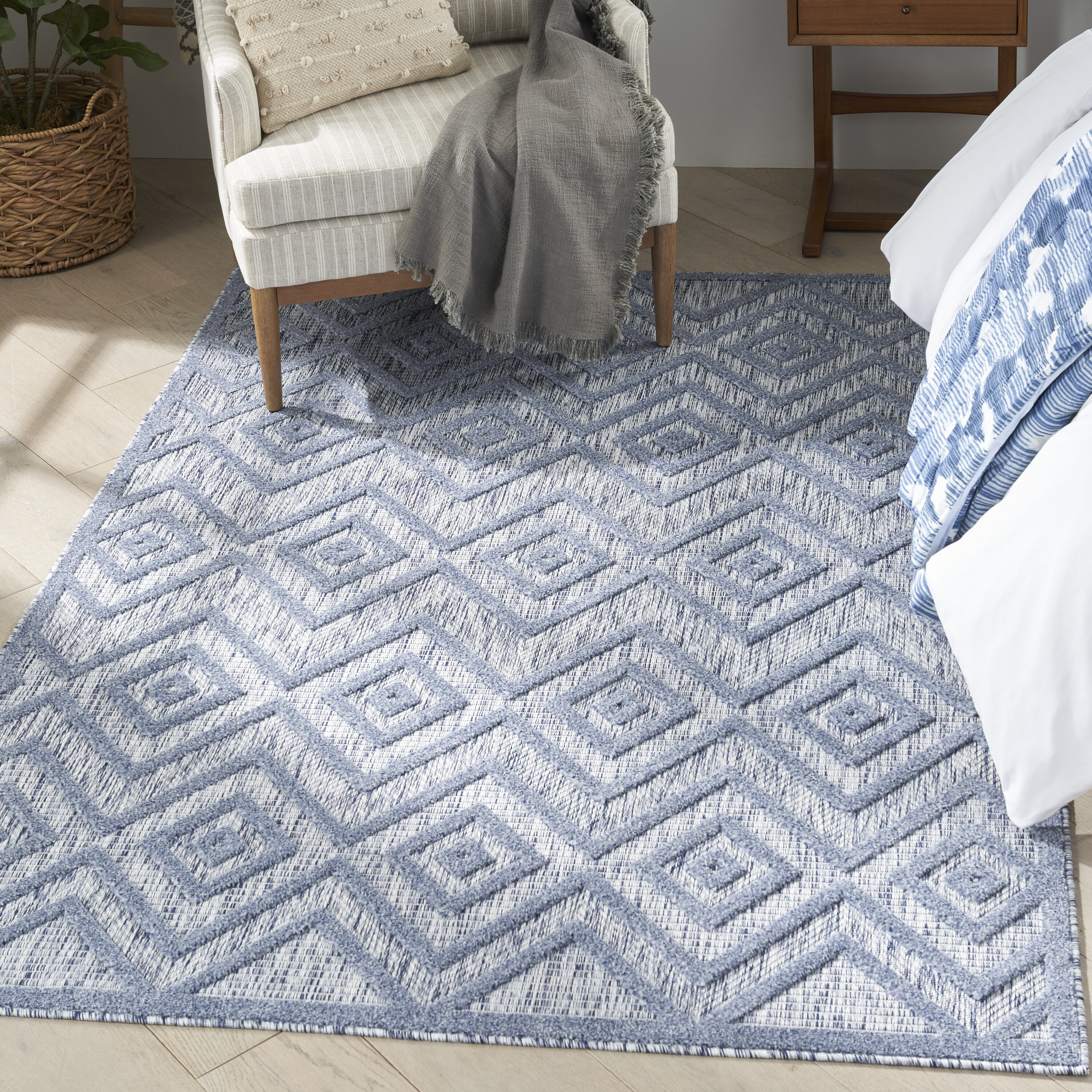 Nourison 099446043986 Versatile 6 x 9 (ft) Polypropylene Denim Blue Rectangular Indoor/Outdoor Geometric Area rug