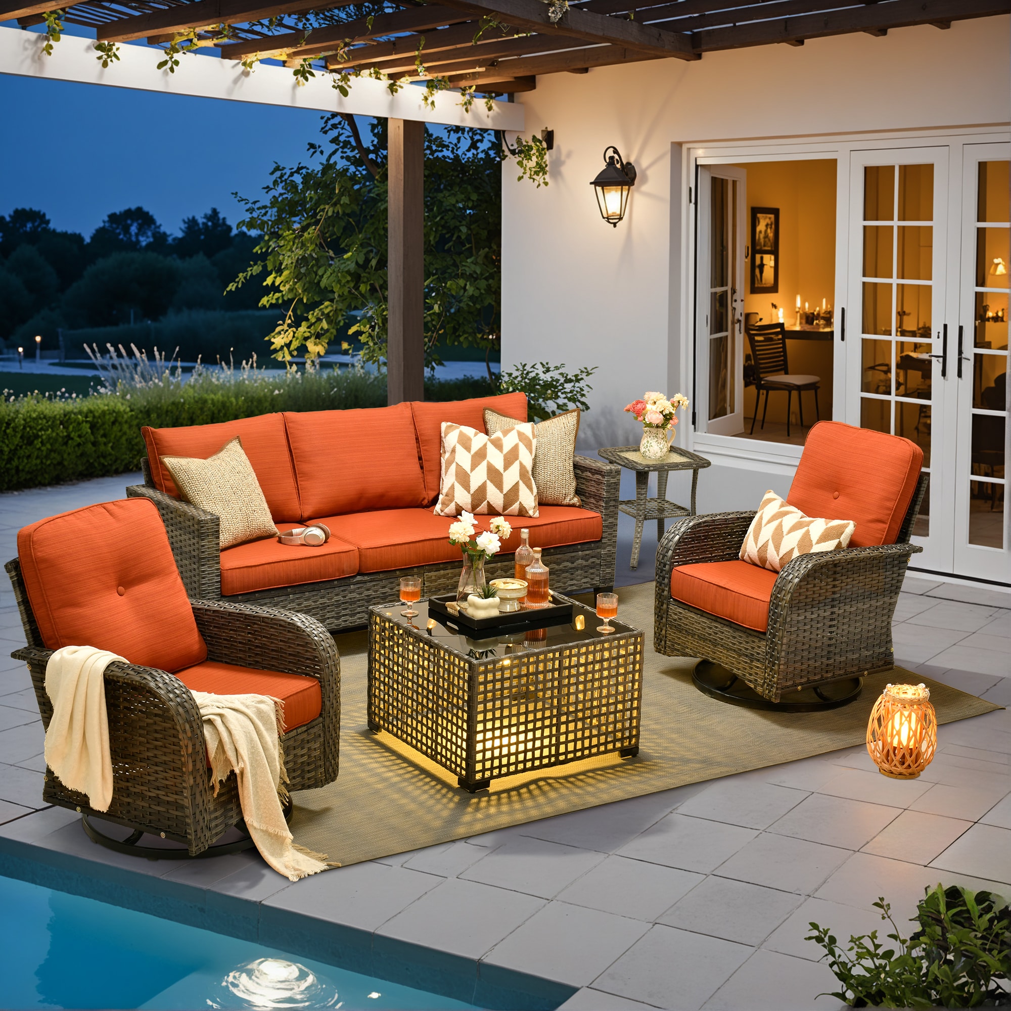 ALTRIGUS 6LYZGNCNEWGRS80051AL 5 -Piece Wicker Patio Sofa Conversation Set with Orange Cushions