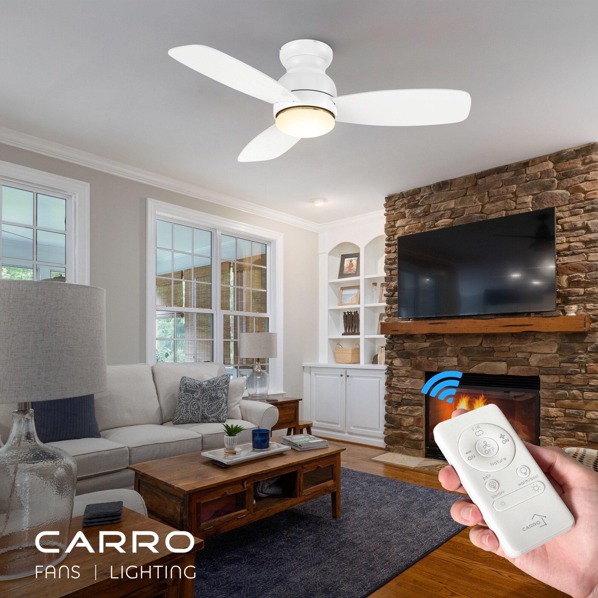 CARRO USA Arran 44-in White Indoor Flush Mount Ceiling Fan with Light ...