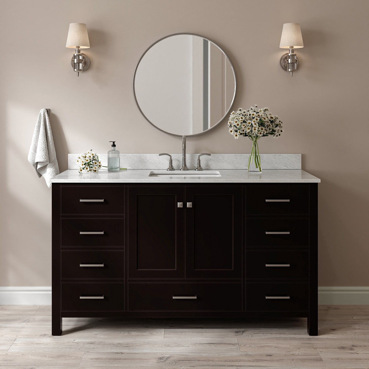 ARIEL A061SCW2RVOESP Cambridge 61-in Espresso Undermount Single Sink Bathroom Vanity with 0.75" Carrara White Marble Natural Marble Top