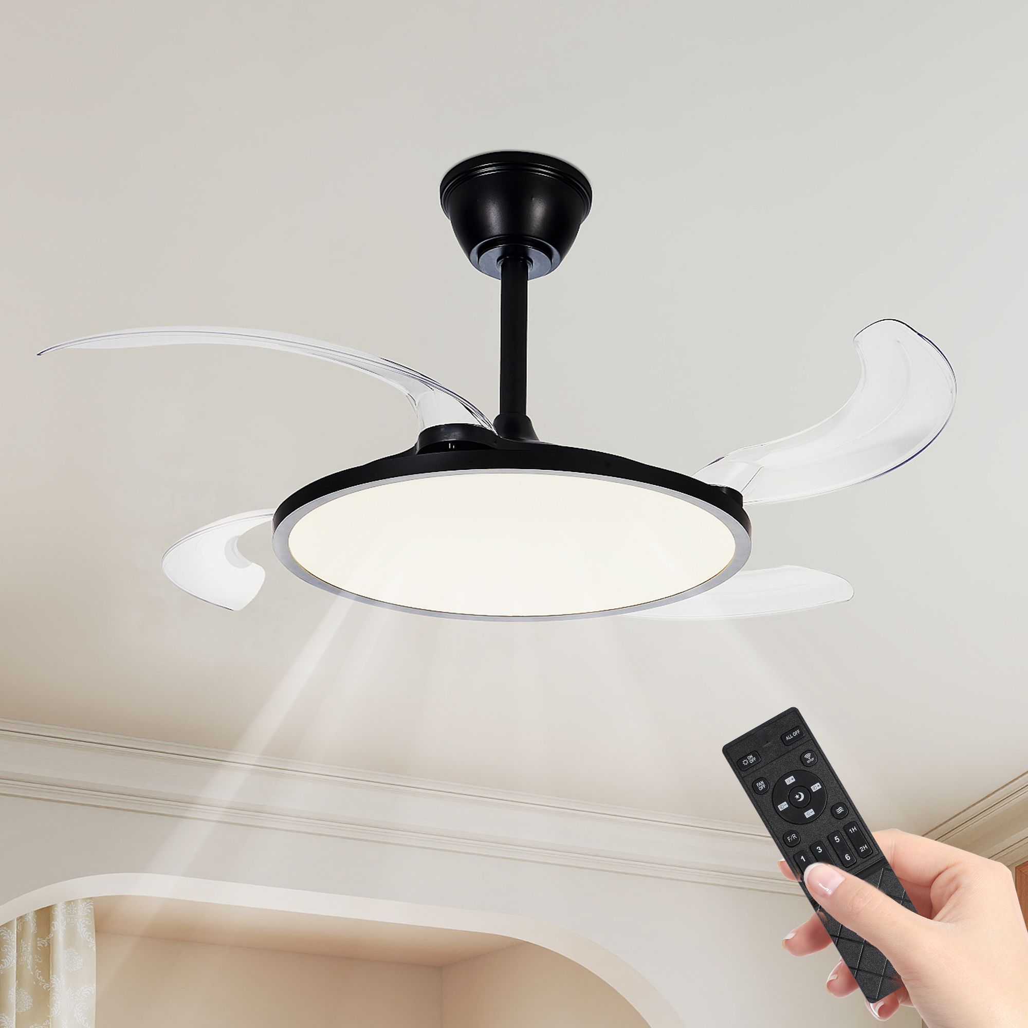Tenleaf 42 Inch Low Profile Ceiling Fan with Light and Remote Modern Black for Living Room Bedroom Dimmable Retractable Timer Setting