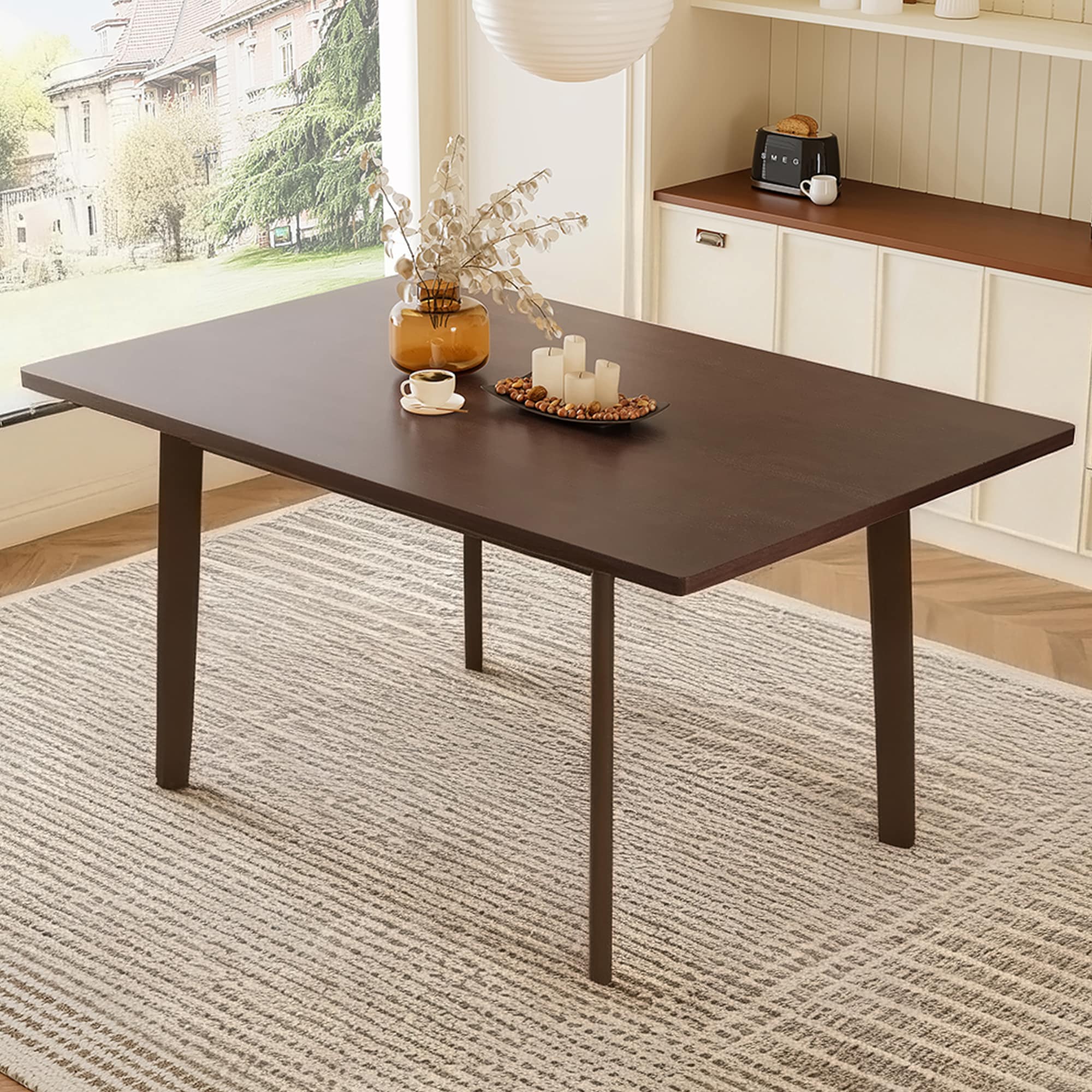 60 Rustic Farmhouse Dining Table Solid Wood Frame Minimalist Modern Dining Table for Kitchen Dining Room Living Room Walnut
